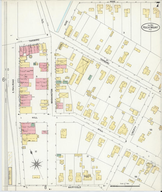 Sanborn Fire Insurance Map from Rocky Mount, Edgecombe And Nash Counties, North Carolina (1901), Sheet #0007 - Historic Sanborn Fire Insurance Map Print, vintage old map wall art, antique decor, genealogy gift, North Carolina North Carolina map