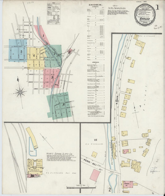 Sanborn Fire Insurance Map from Bangor, Northampton County, Pennsylvania (1897), Sheet #0001 - Historic Sanborn Fire Insurance Map Print, vintage old map wall art, antique decor, genealogy gift, Pennsylvania Pennsylvania map