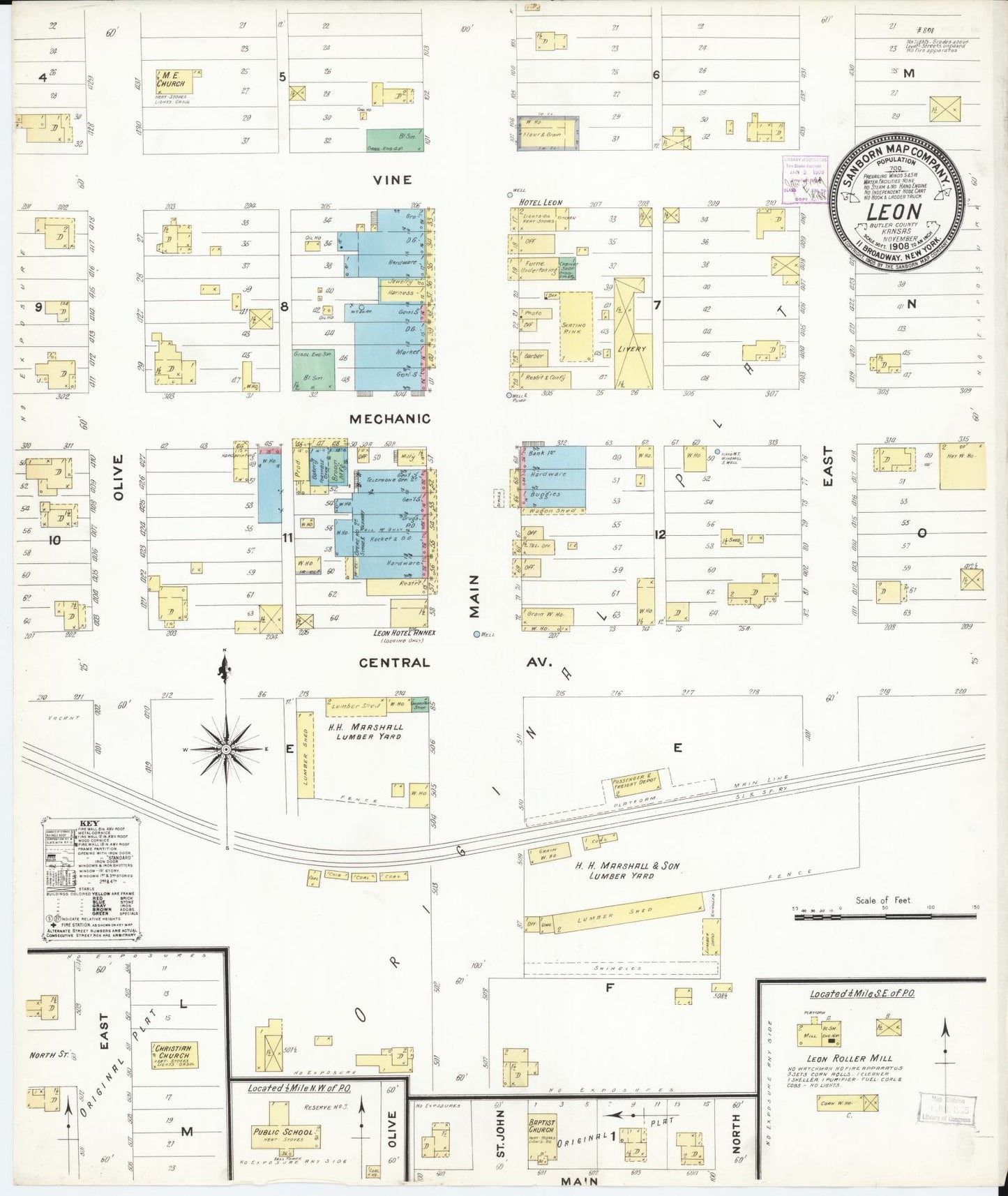 Sanborn Fire Insurance Map from Leon, Butler County, Kansas. (1908) – Historic Sanborn Fire Insurance Map Print
