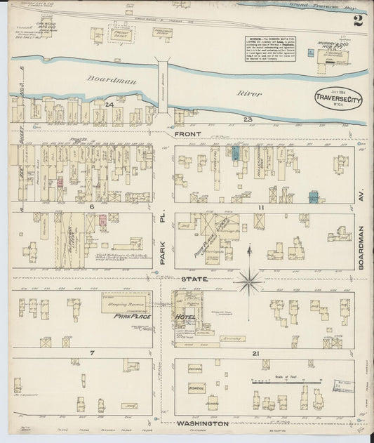 Sanborn Fire Insurance Map from Traverse City, Grand Traverse County, Michigan (1884), Sheet #0002 - Historic Sanborn Fire Insurance Map Print, vintage old map wall art, antique decor, genealogy gift, Michigan Michigan map
