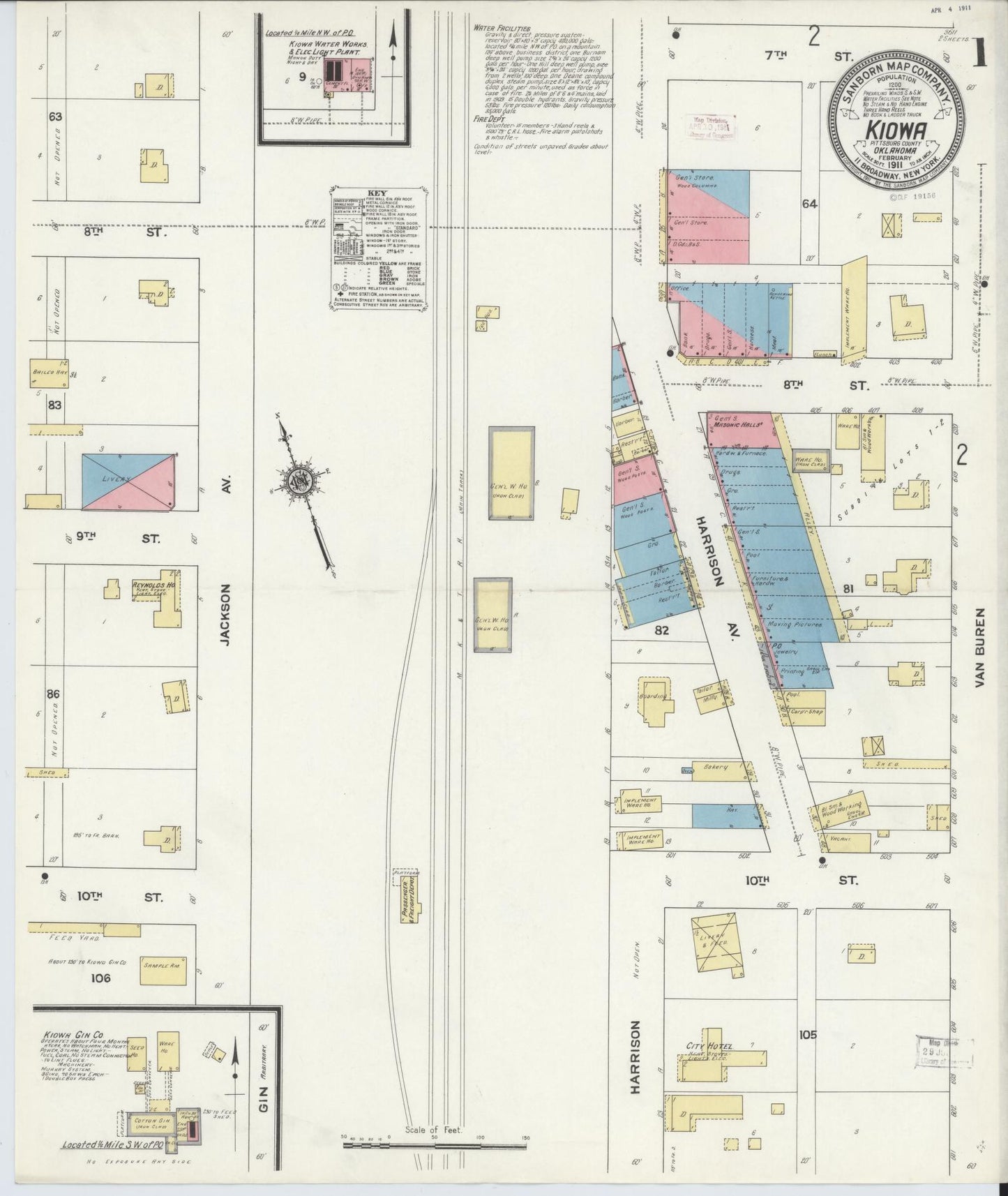 Sanborn Fire Insurance Map from Kiowa, Pittsburg County, Oklahoma (1911), Sheet #0001 - Historic Sanborn Fire Insurance Map Print, vintage old map wall art, antique decor, genealogy gift, Oklahoma Oklahoma map