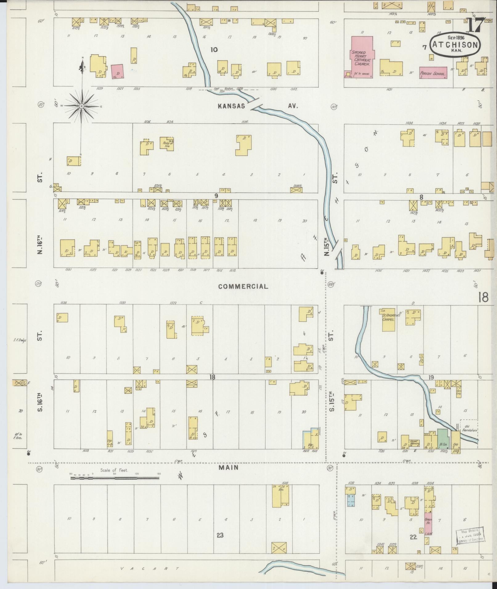 Sanborn Fire Insurance Map from Atchison, Atchison County, Kansas (1896), Sheet #0017 - Historic Sanborn Fire Insurance Map Print, vintage old map wall art, antique decor, genealogy gift, Kansas Kansas map
