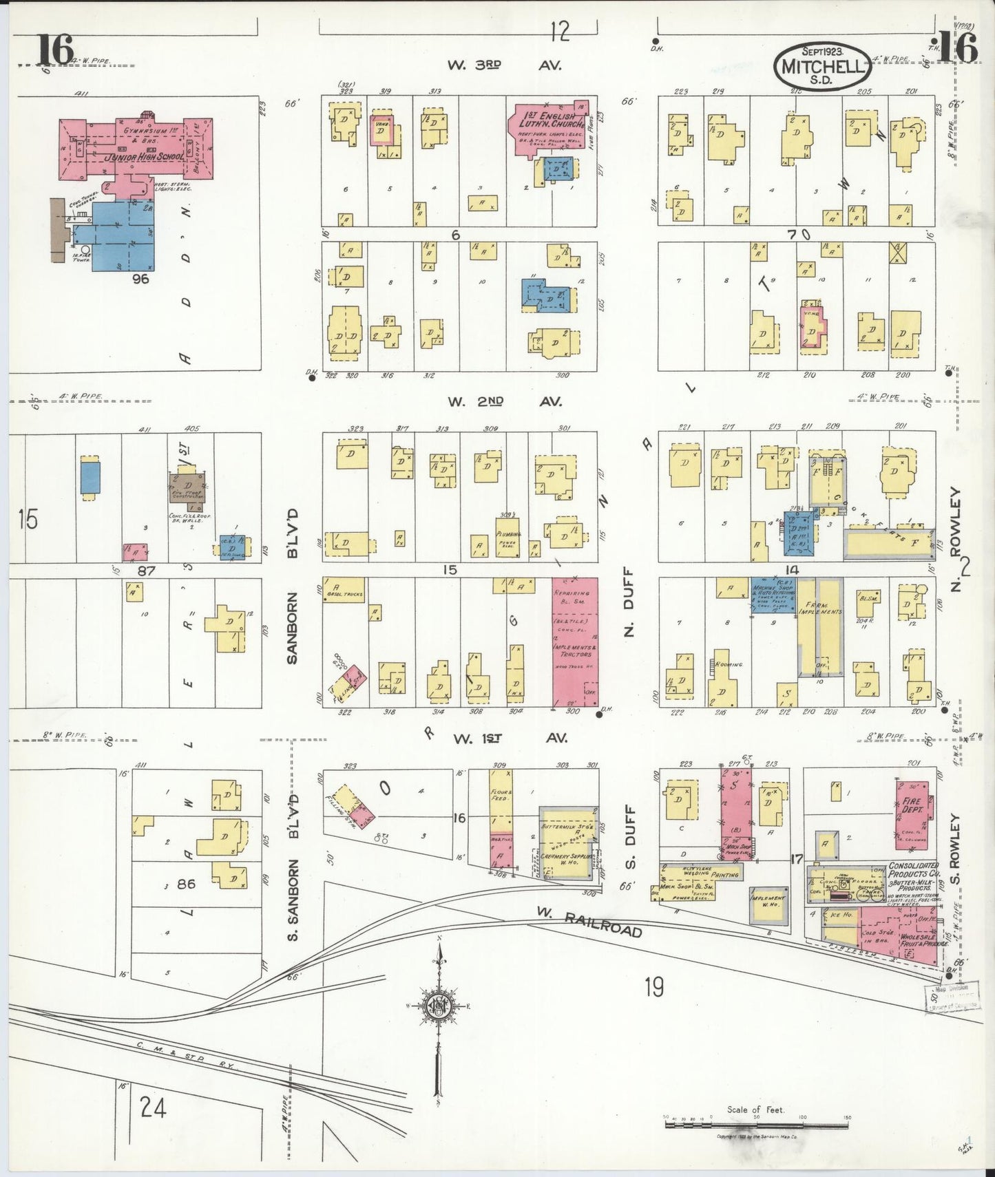 Sanborn Fire Insurance Map from Mitchell, Davison County, South Dakota (1923), Sheet #0016 - Historic Sanborn Fire Insurance Map Print, vintage old map wall art, antique decor, genealogy gift, South Dakota South Dakota map