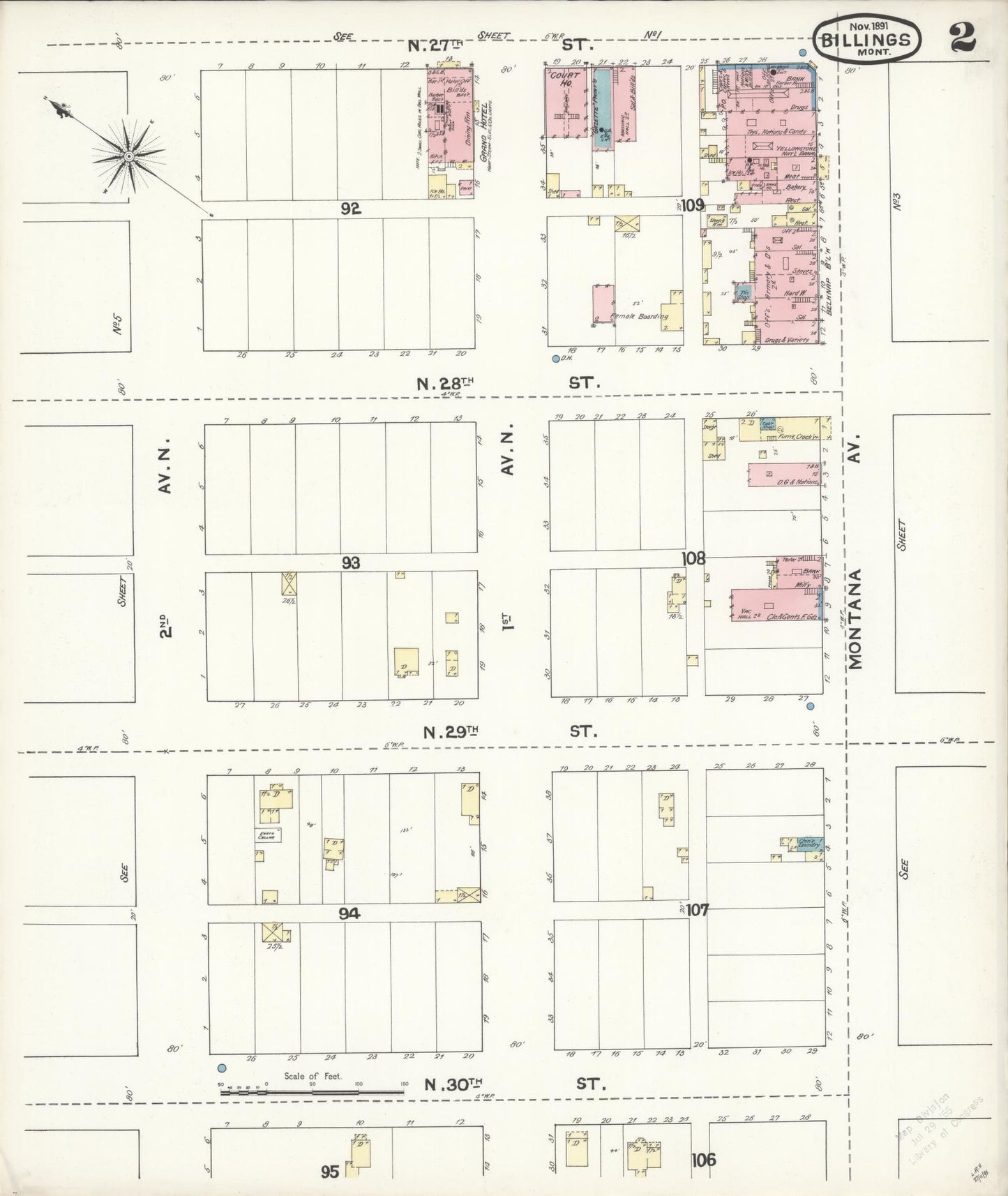 Sanborn Fire Insurance Map from Billings, Yellowstone County, Montana (1891), Sheet #0002 - Historic Sanborn Fire Insurance Map Print, vintage old map wall art, antique decor, genealogy gift, Montana Montana map