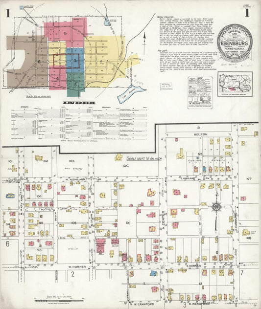 Sanborn Fire Insurance Map from Ebensburg, Cambria County, Pennsylvania (1923), Sheet #0001 - Historic Sanborn Fire Insurance Map Print, vintage old map wall art, antique decor, genealogy gift, Pennsylvania Pennsylvania map