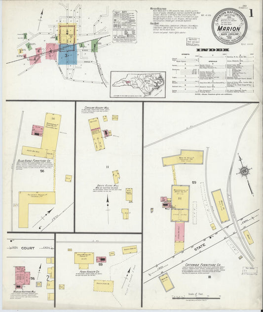 Sanborn Fire Insurance Map from Marion, Mcdowell County, North Carolina (1918), Sheet #0001 - Complete Map Set gallery image, historic Sanborn map, vintage wall art, North Carolina North Carolina