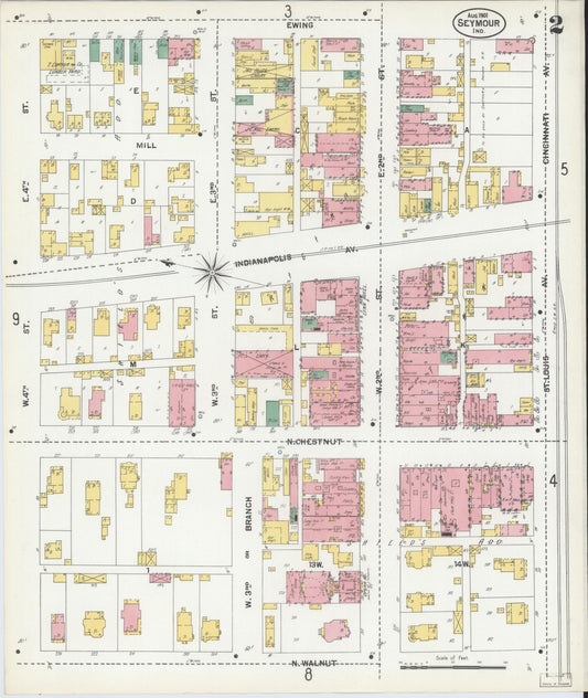 Sanborn Fire Insurance Map from Seymour, Jackson County, Indiana (1901), Sheet #0002 - Historic Sanborn Fire Insurance Map Print, vintage old map wall art, antique decor, genealogy gift, Indiana Indiana map