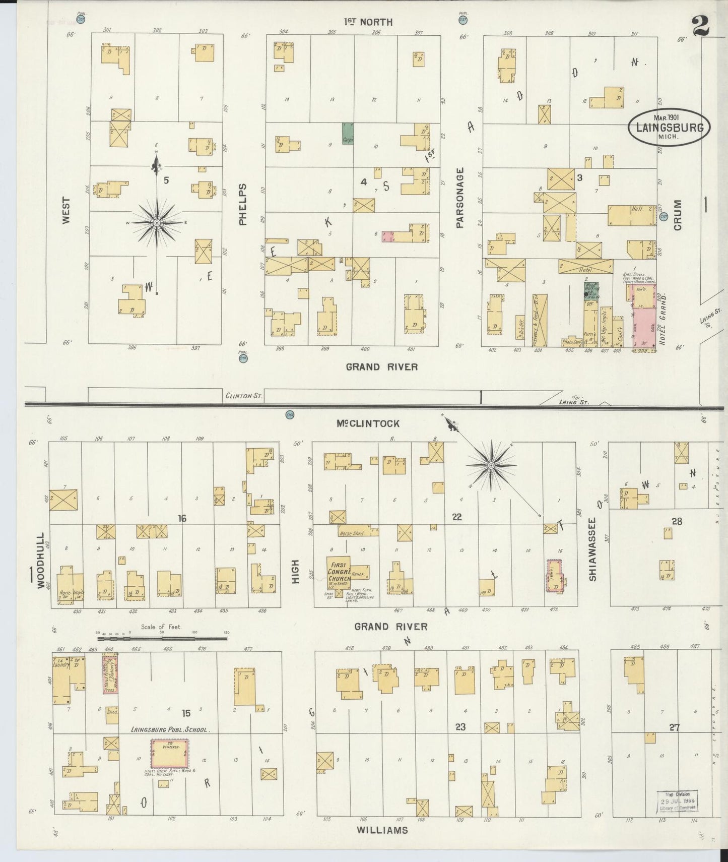 Sanborn Fire Insurance Map from Laingsburg, Shiawassee County, Michigan (1901), Sheet #0002 - Complete Map Set gallery image, historic Sanborn map, vintage wall art, Michigan Michigan