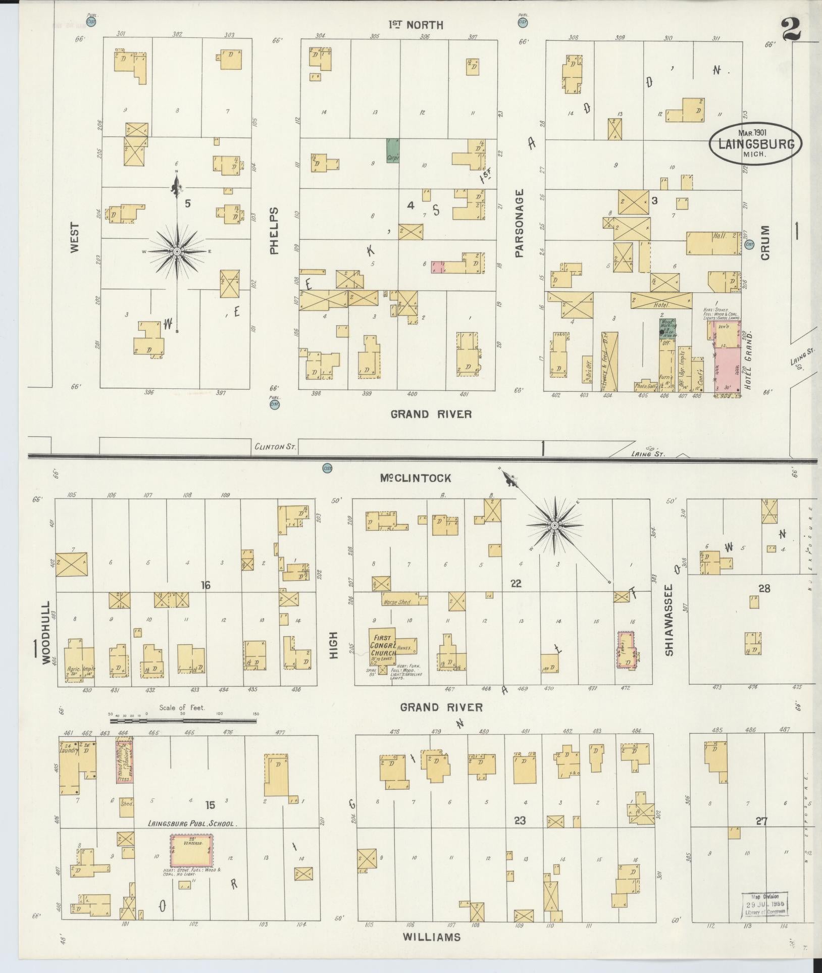Sanborn Fire Insurance Map from Laingsburg, Shiawassee County, Michigan (1901), Sheet #0002 - Complete Map Set gallery image, historic Sanborn map, vintage wall art, Michigan Michigan