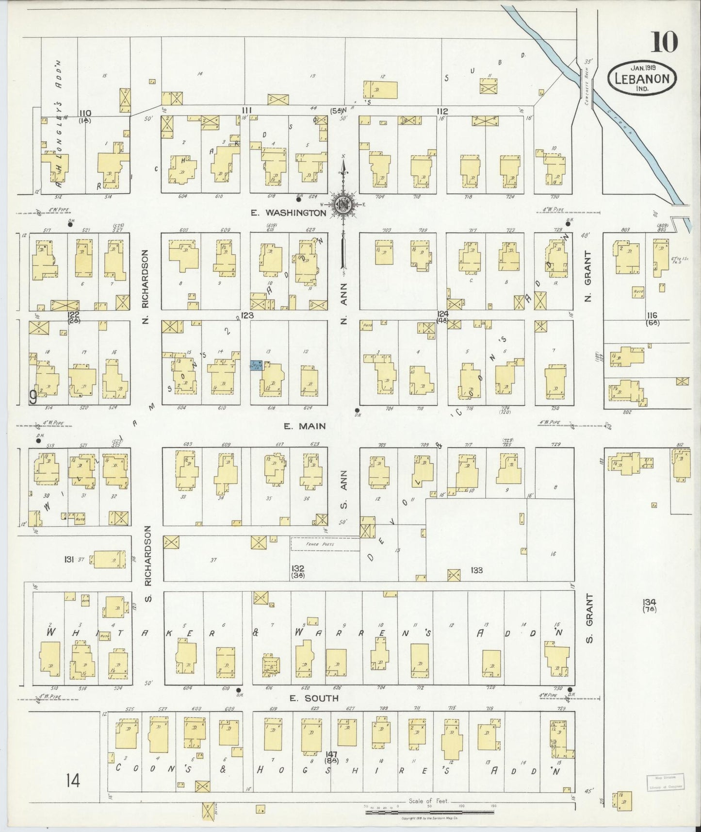 Sanborn Fire Insurance Map from Lebanon, Boone County, Indiana (1919), Sheet #0010 - Historic Sanborn Fire Insurance Map Print, vintage old map wall art, antique decor, genealogy gift, Indiana Indiana map