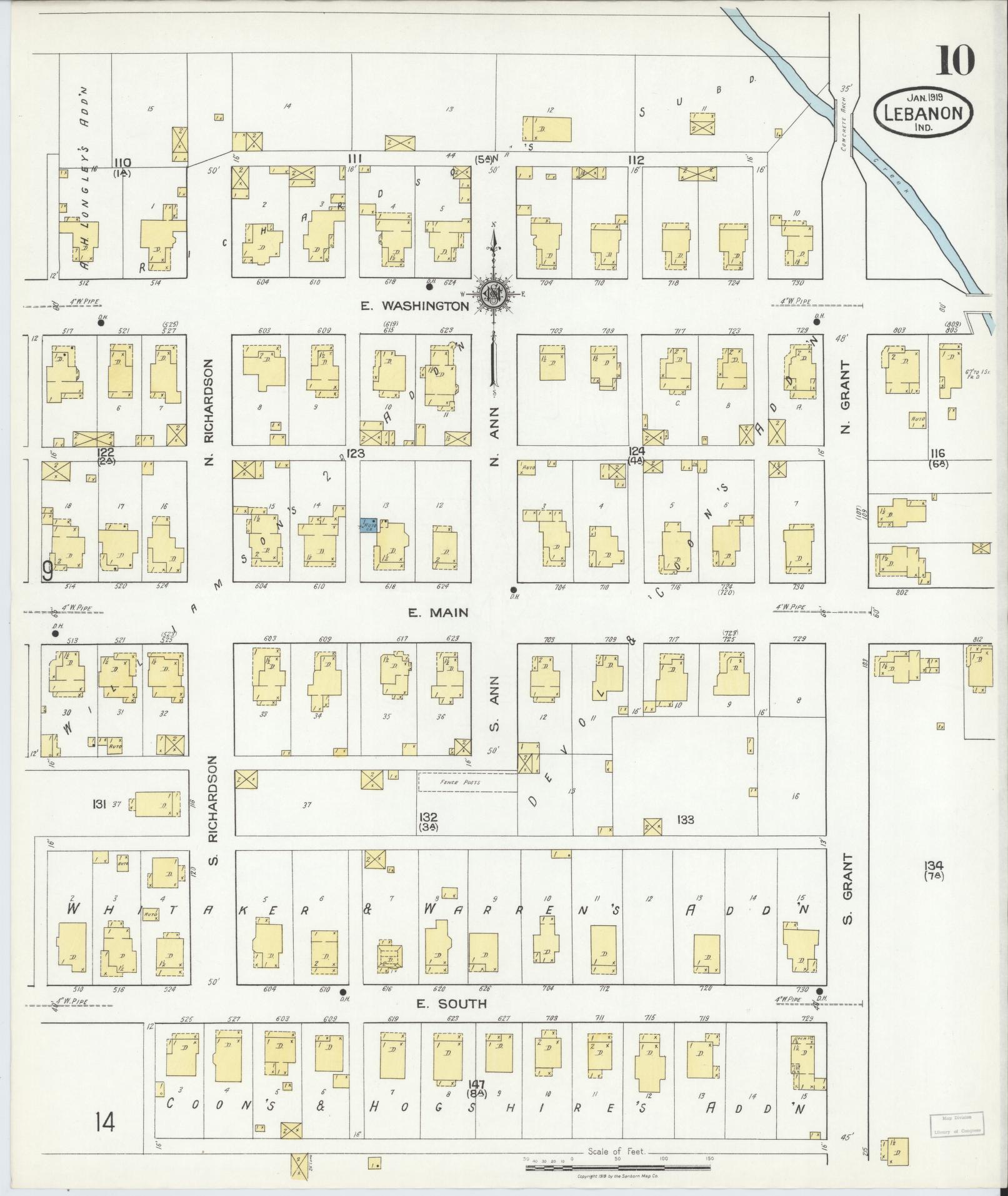 Sanborn Fire Insurance Map from Lebanon, Boone County, Indiana (1919), Sheet #0010 - Historic Sanborn Fire Insurance Map Print, vintage old map wall art, antique decor, genealogy gift, Indiana Indiana map