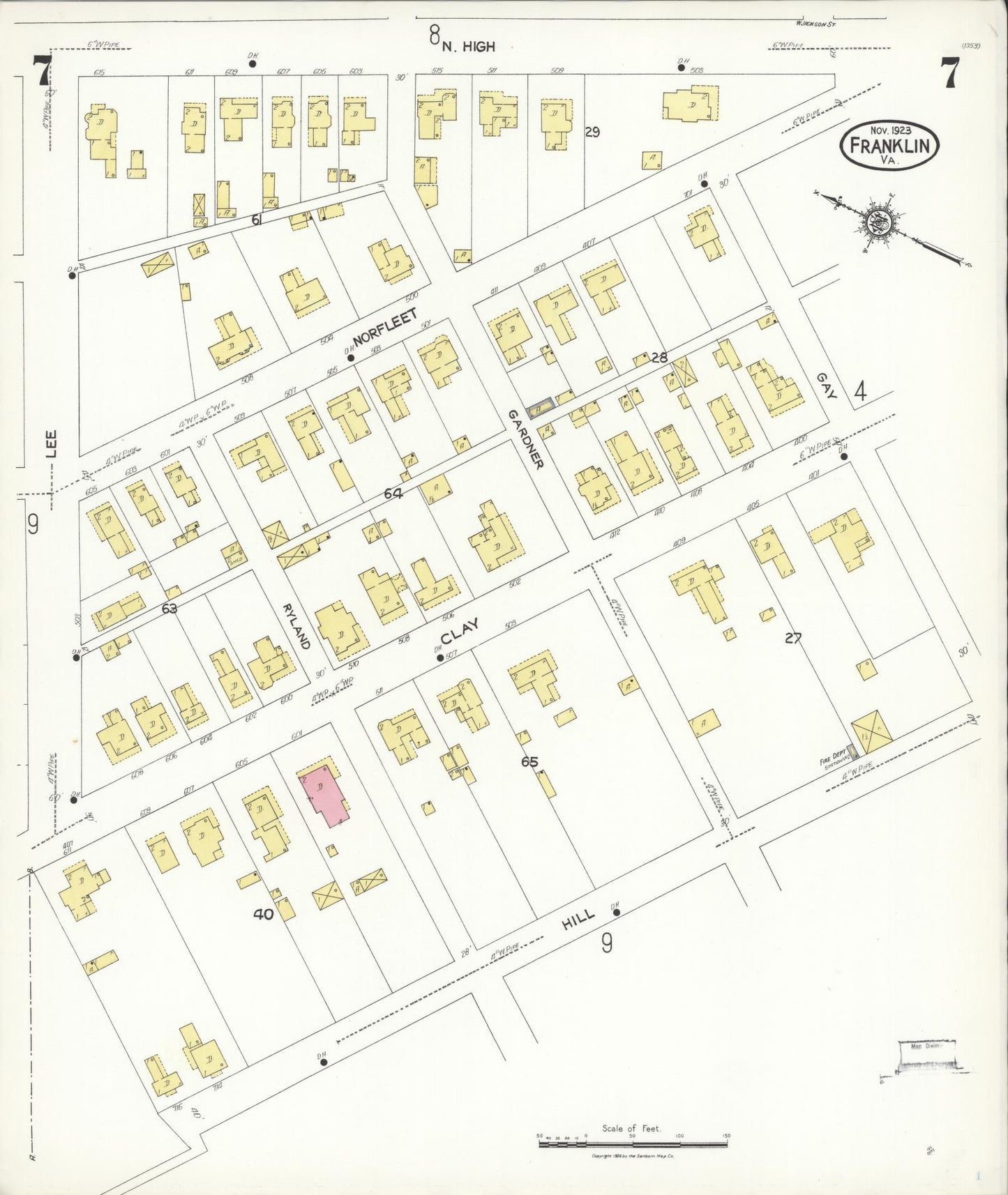 Sanborn Fire Insurance Map from Franklin, Independent Cities, Virginia (1923), Sheet #0007 - Complete Map Set gallery image, historic Sanborn map, vintage wall art, Virginia Virginia