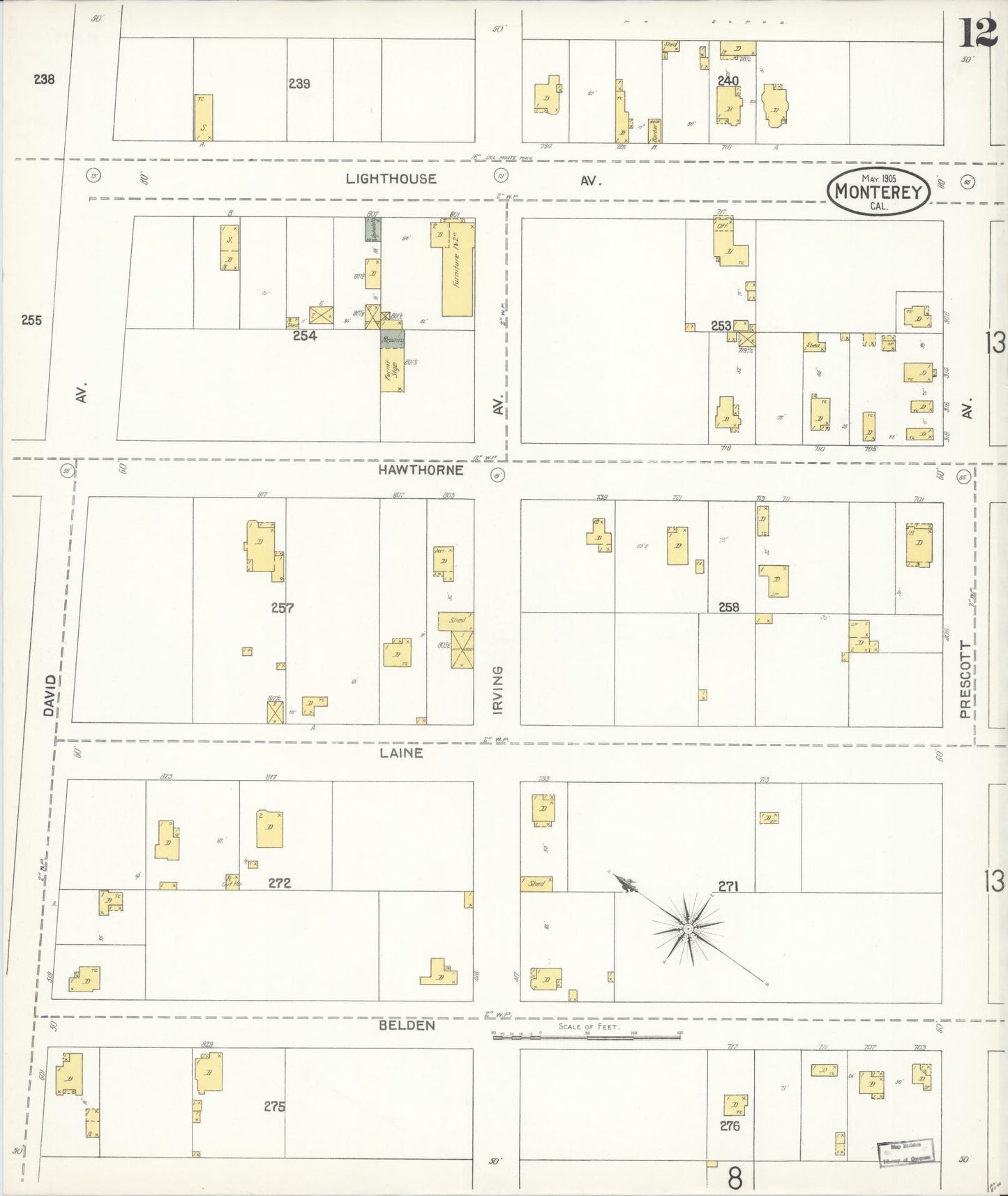 Sanborn Fire Insurance Map from Monterey, Monterey County, California (1905), Sheet #0012 - Complete Map Set gallery image, historic Sanborn map, vintage wall art, California California
