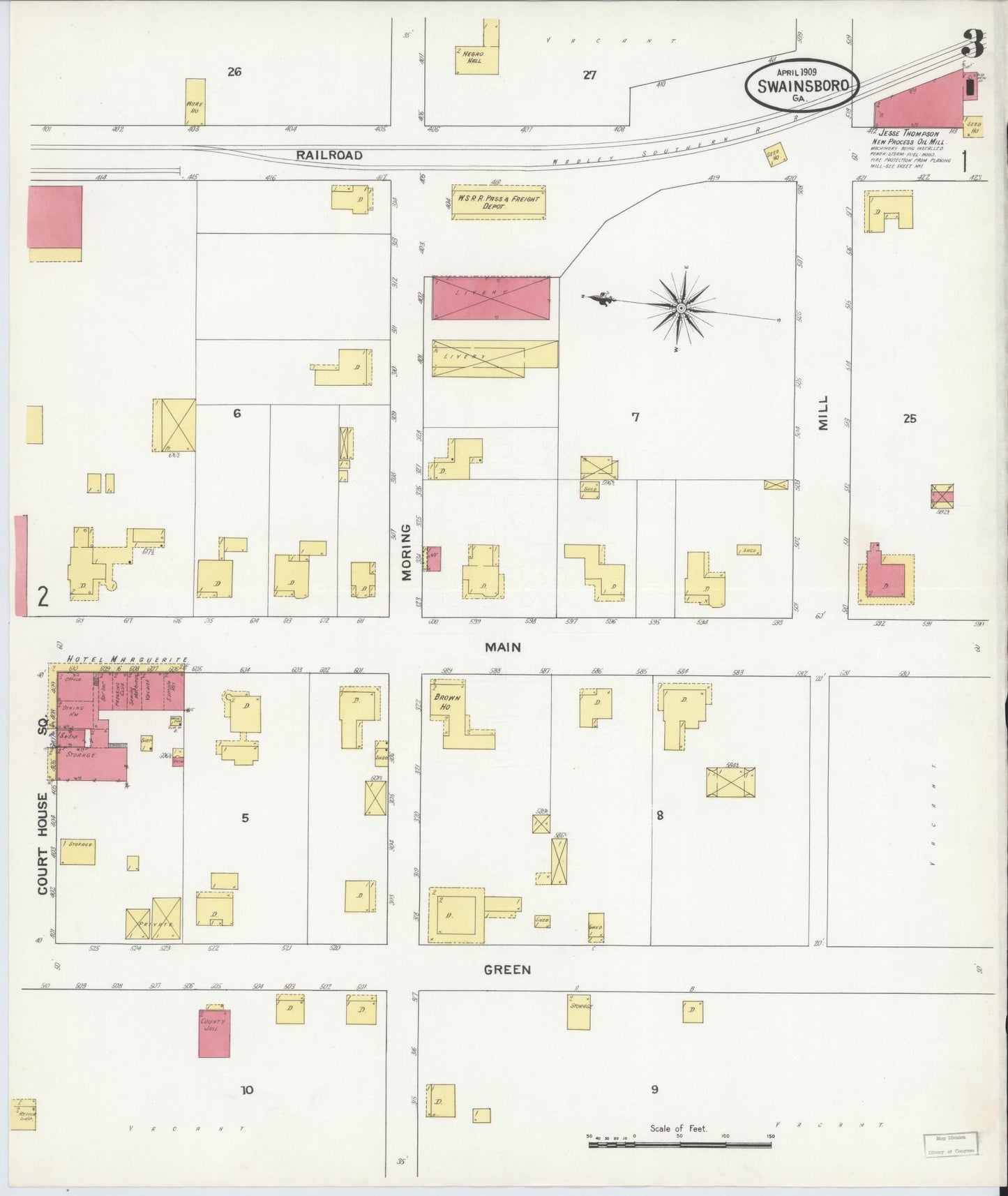 Sanborn Fire Insurance Map from Swainsboro, Emanuel County, Georgia (1909), Sheet #0003 - Historic Sanborn Fire Insurance Map Print, vintage old map wall art, antique decor, genealogy gift, Georgia Georgia map
