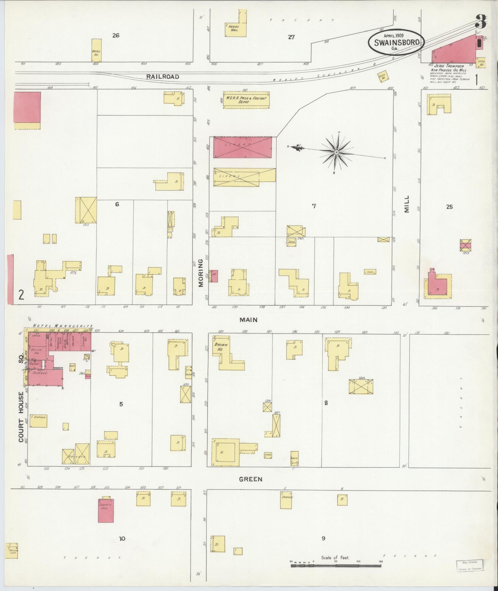 Sanborn Fire Insurance Map from Swainsboro, Emanuel County, Georgia (1909), Sheet #0003 - Historic Sanborn Fire Insurance Map Print, vintage old map wall art, antique decor, genealogy gift, Georgia Georgia map