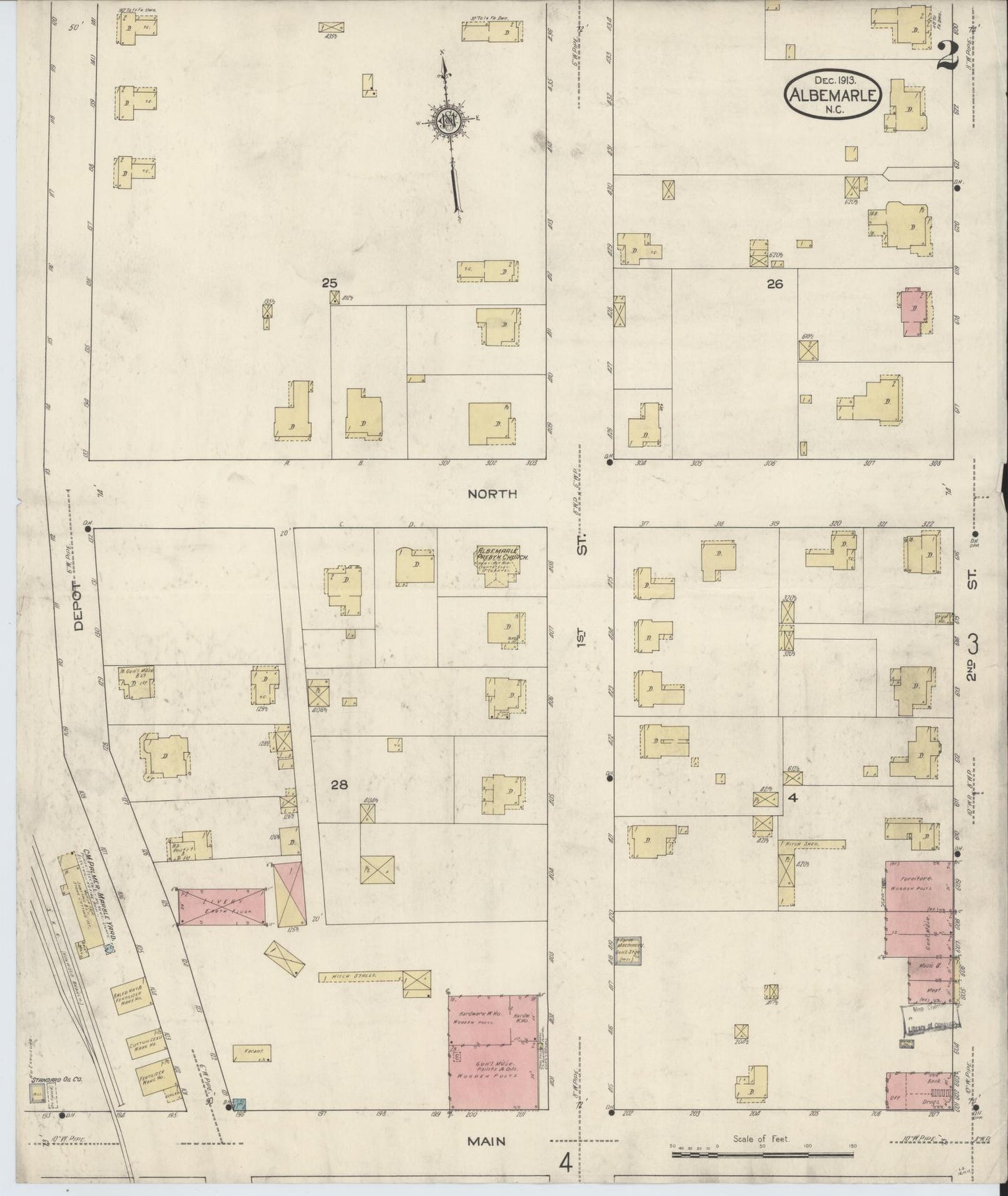 Sanborn Fire Insurance Map from Albemarle, Stanley County, North Carolina (1913), Sheet #0002 - Complete Map Set gallery image, historic Sanborn map, vintage wall art, North Carolina North Carolina