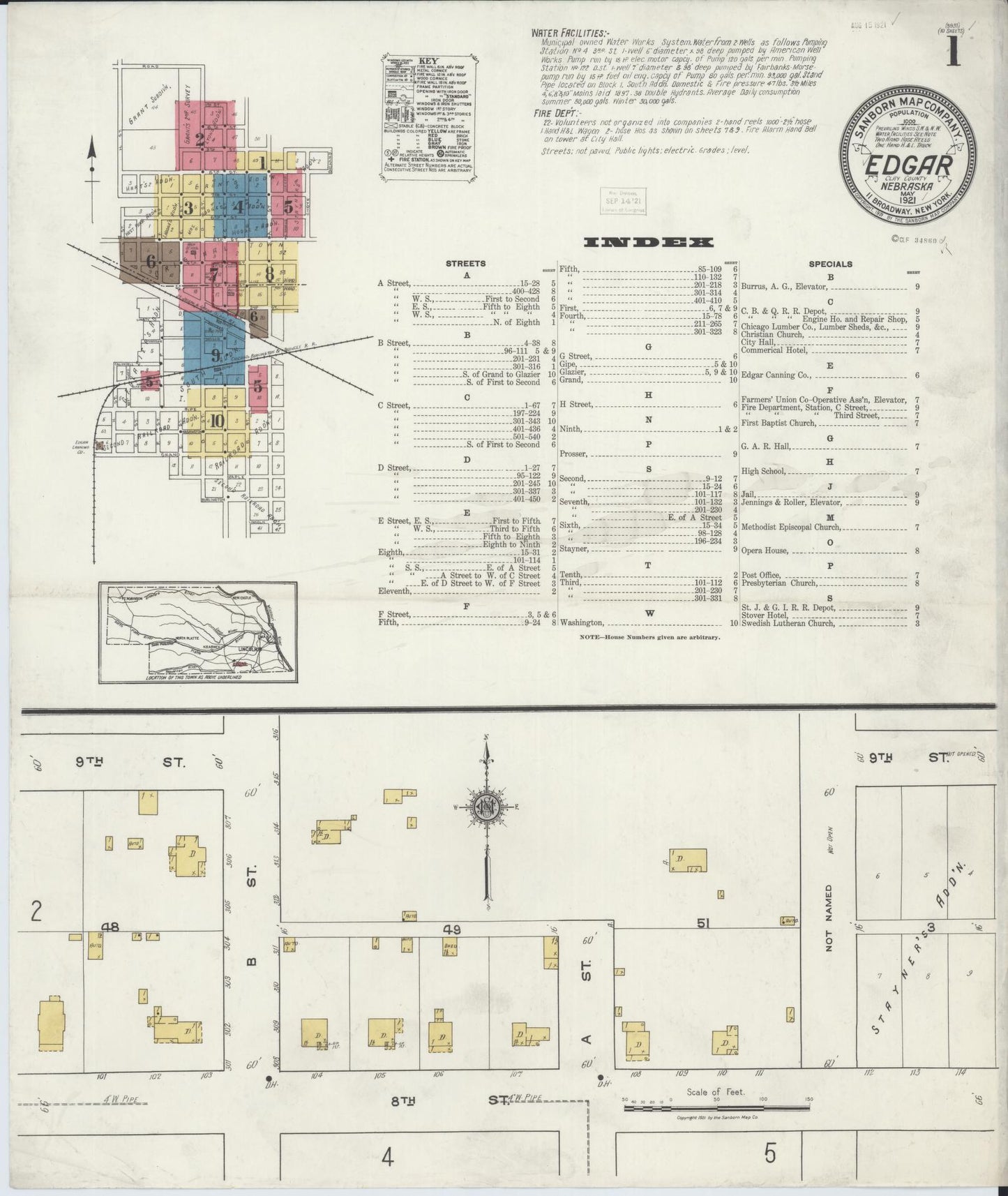Sanborn Fire Insurance Map from Edgar, Clay County, Nebraska (1921), Sheet #0001 - Complete Map Set gallery image, historic Sanborn map, vintage wall art, Nebraska Nebraska