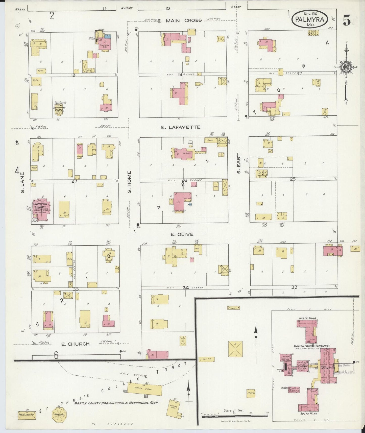 Sanborn Fire Insurance Map from Palmyra, Marion County, Missouri (1916), Sheet #0005 - Historic Sanborn Fire Insurance Map Print, vintage old map wall art, antique decor, genealogy gift, Missouri Missouri map