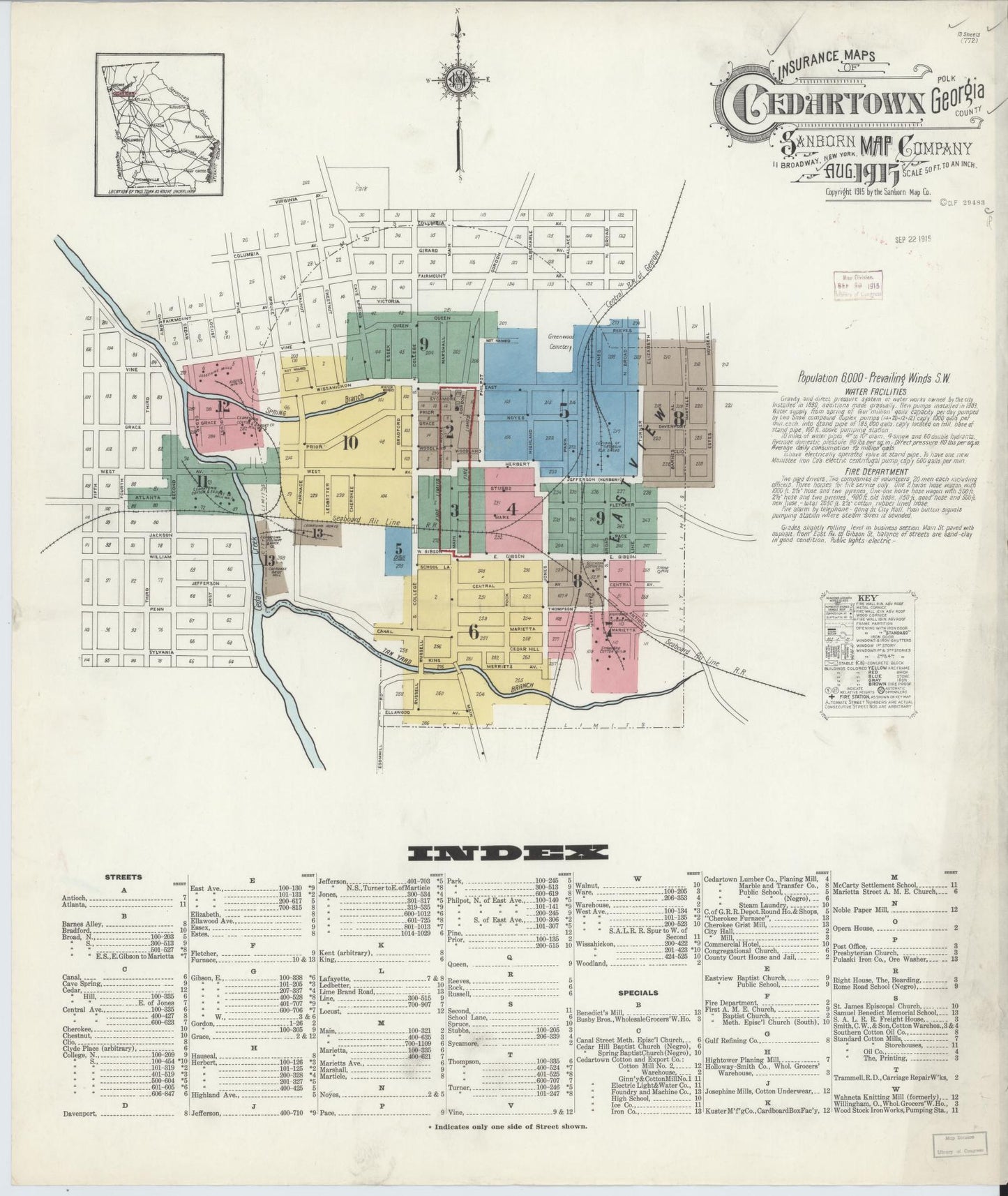 Sanborn Fire Insurance Map from Cedartown, Polk County, Georgia (1915), Sheet #0001 - Historic Sanborn Fire Insurance Map Print, vintage old map wall art, antique decor, genealogy gift, Georgia Georgia map