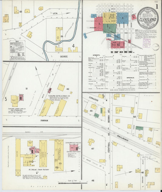 Sanborn Fire Insurance Map from Cleveland, Bradley County, Tennessee (1902), Sheet #0001 - Historic Sanborn Fire Insurance Map Print, vintage old map wall art, antique decor, genealogy gift, Tennessee Tennessee map