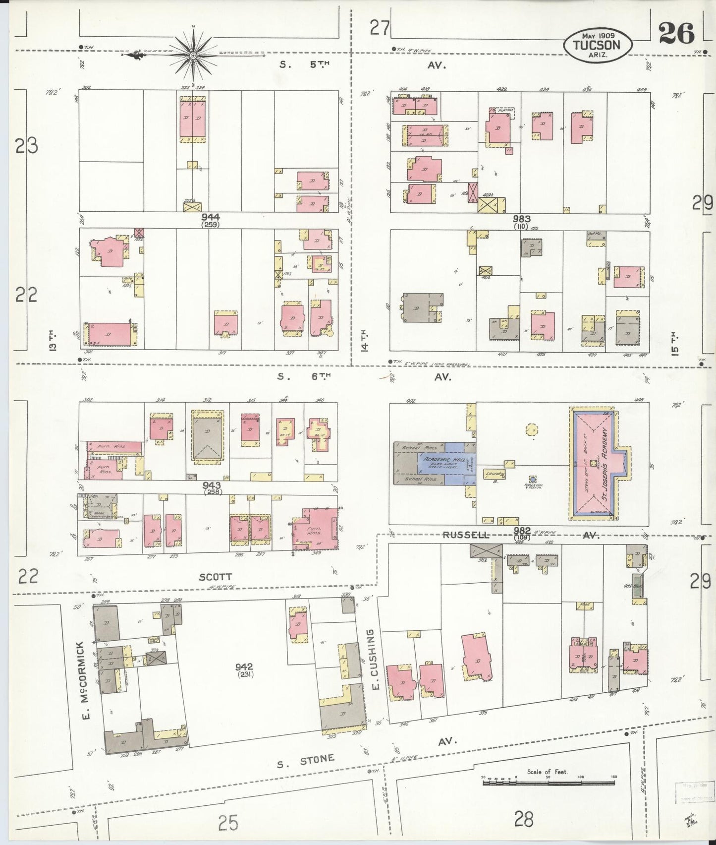 Sanborn Fire Insurance Map from Tucson, Pima County, Arizona (1909), Sheet #0026 - Historic Sanborn Fire Insurance Map Print, vintage old map wall art, antique decor, genealogy gift, Arizona Arizona map