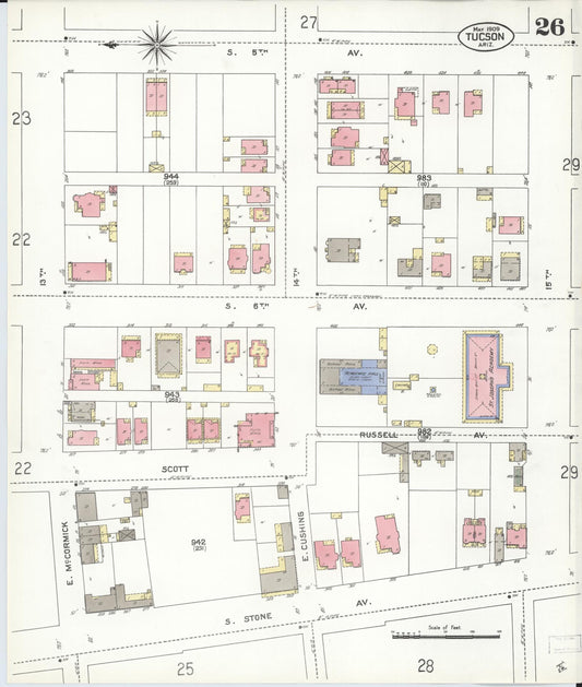 Sanborn Fire Insurance Map from Tucson, Pima County, Arizona (1909), Sheet #0026 - Historic Sanborn Fire Insurance Map Print, vintage old map wall art, antique decor, genealogy gift, Arizona Arizona map