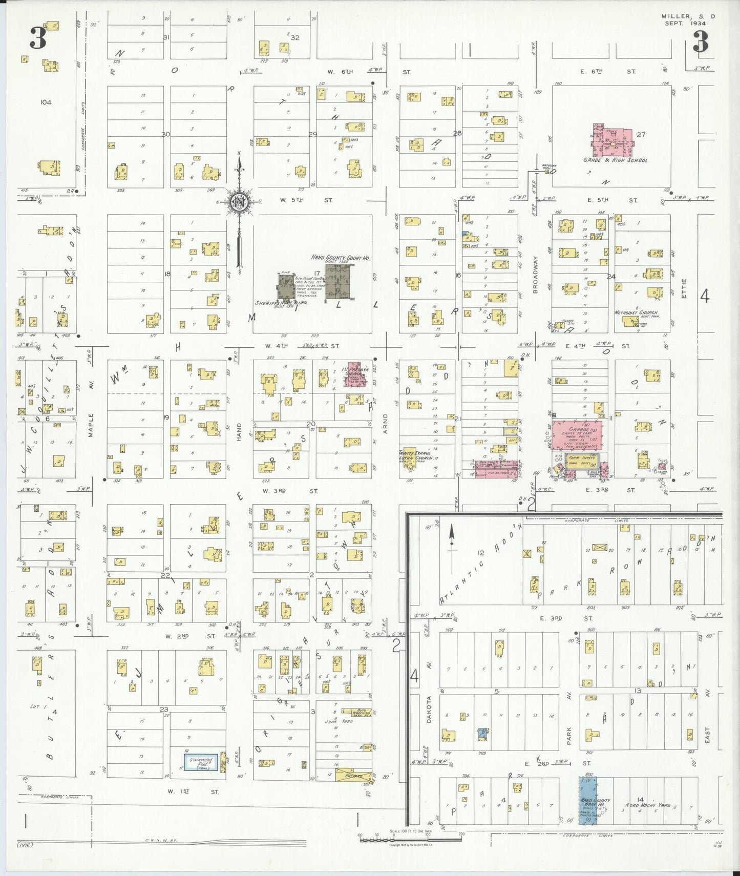 Sanborn Fire Insurance Map from Miller, Hand County, South Dakota (1934), Sheet #0003 - Complete Map Set gallery image, historic Sanborn map, vintage wall art, South Dakota South Dakota