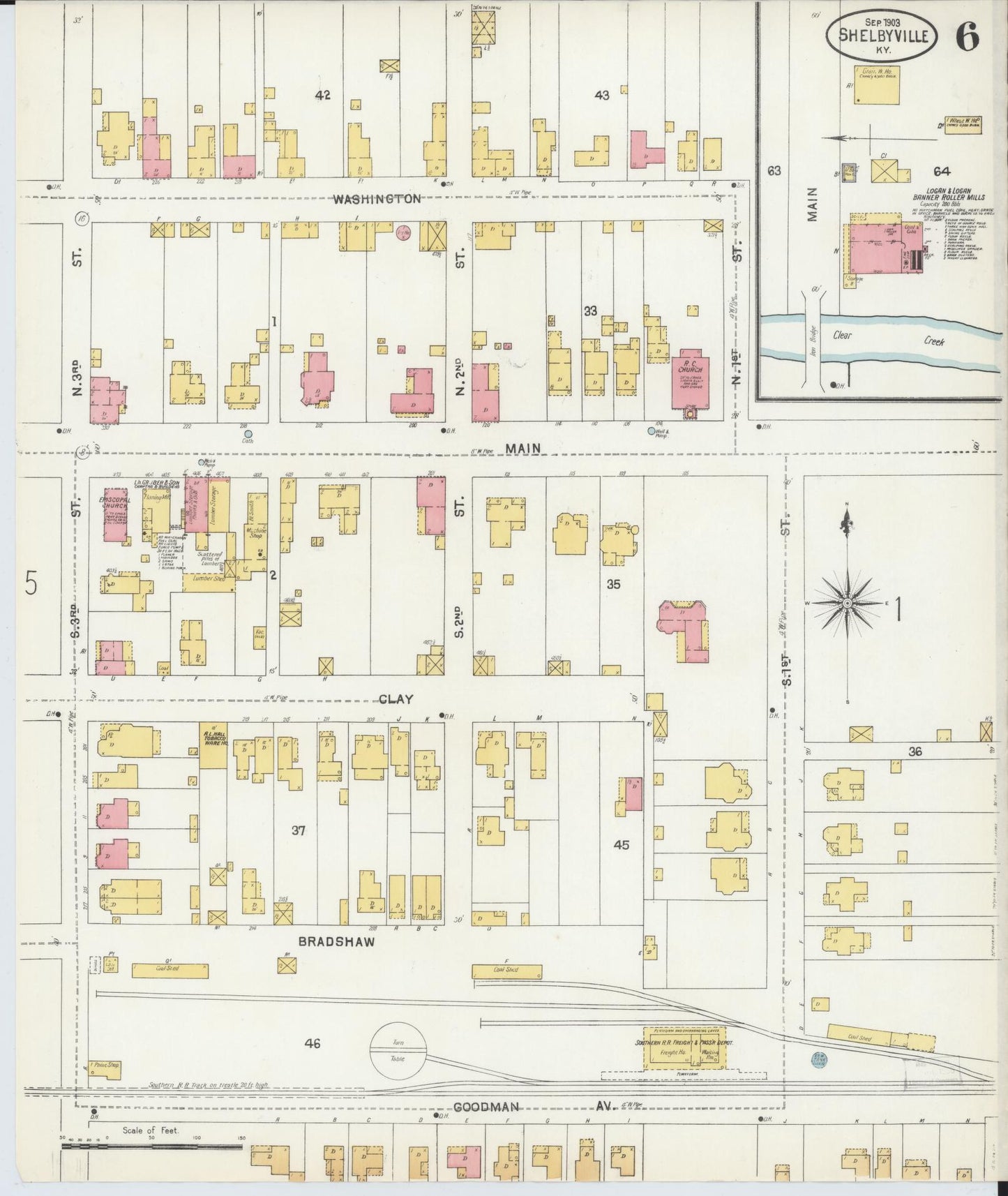 Sanborn Fire Insurance Map from Shelbyville, Shelby County, Kentucky (1903), Sheet #0006 - Historic Sanborn Fire Insurance Map Print, vintage old map wall art, antique decor, genealogy gift, Kentucky Kentucky map