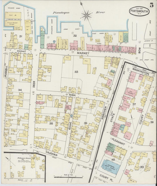 Sanborn Fire Insurance Map from Portsmouth, Rockingham County, New Hampshire (1887), Sheet #0005 - Historic Sanborn Fire Insurance Map Print, vintage old map wall art, antique decor, genealogy gift, New Hampshire New Hampshire map