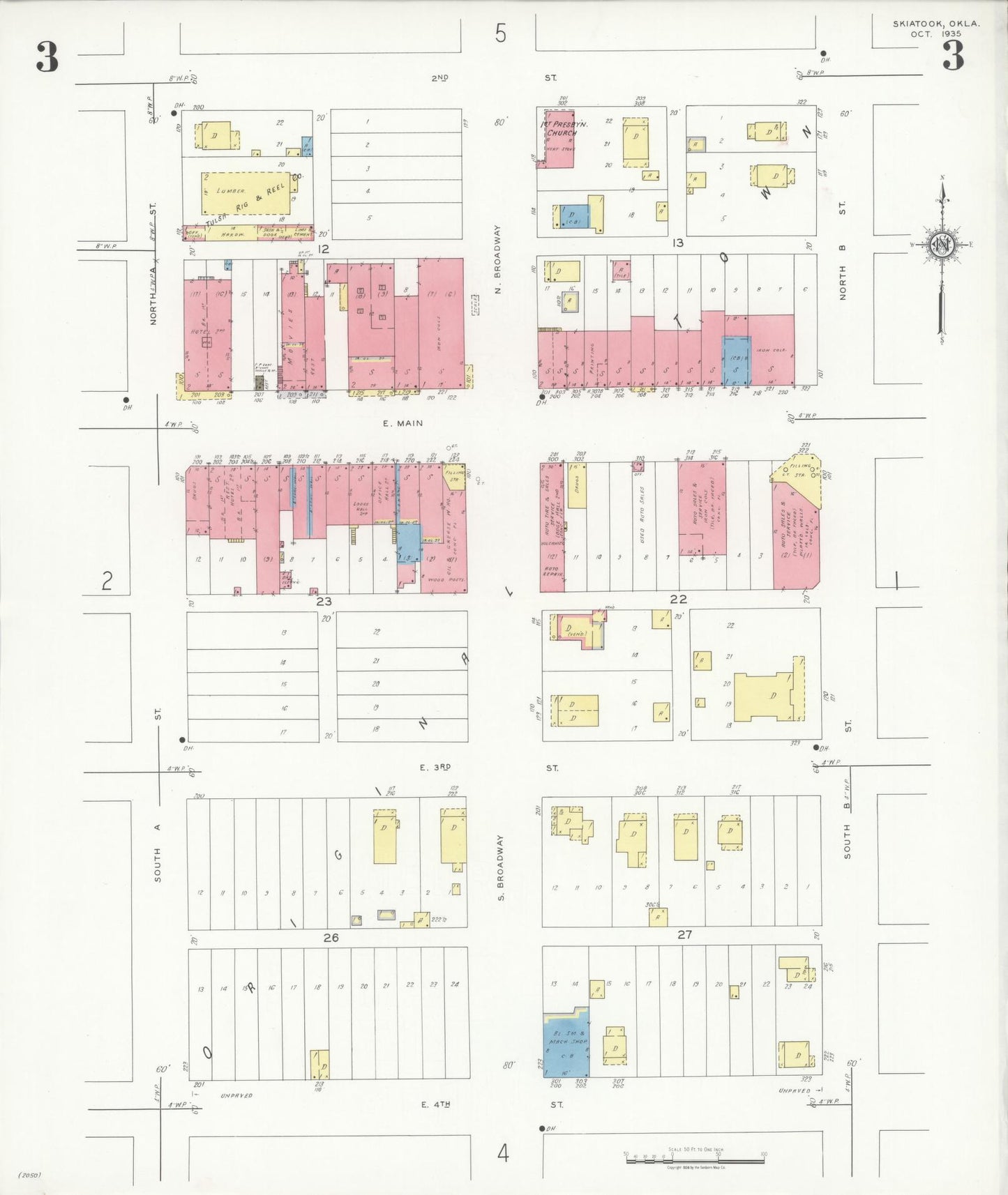 Sanborn Fire Insurance Map from Skiatook, Tulsa And Osage Counties, Oklahoma (1935), Sheet #0003 - Historic Sanborn Fire Insurance Map Print, vintage old map wall art, antique decor, genealogy gift, Oklahoma Oklahoma map