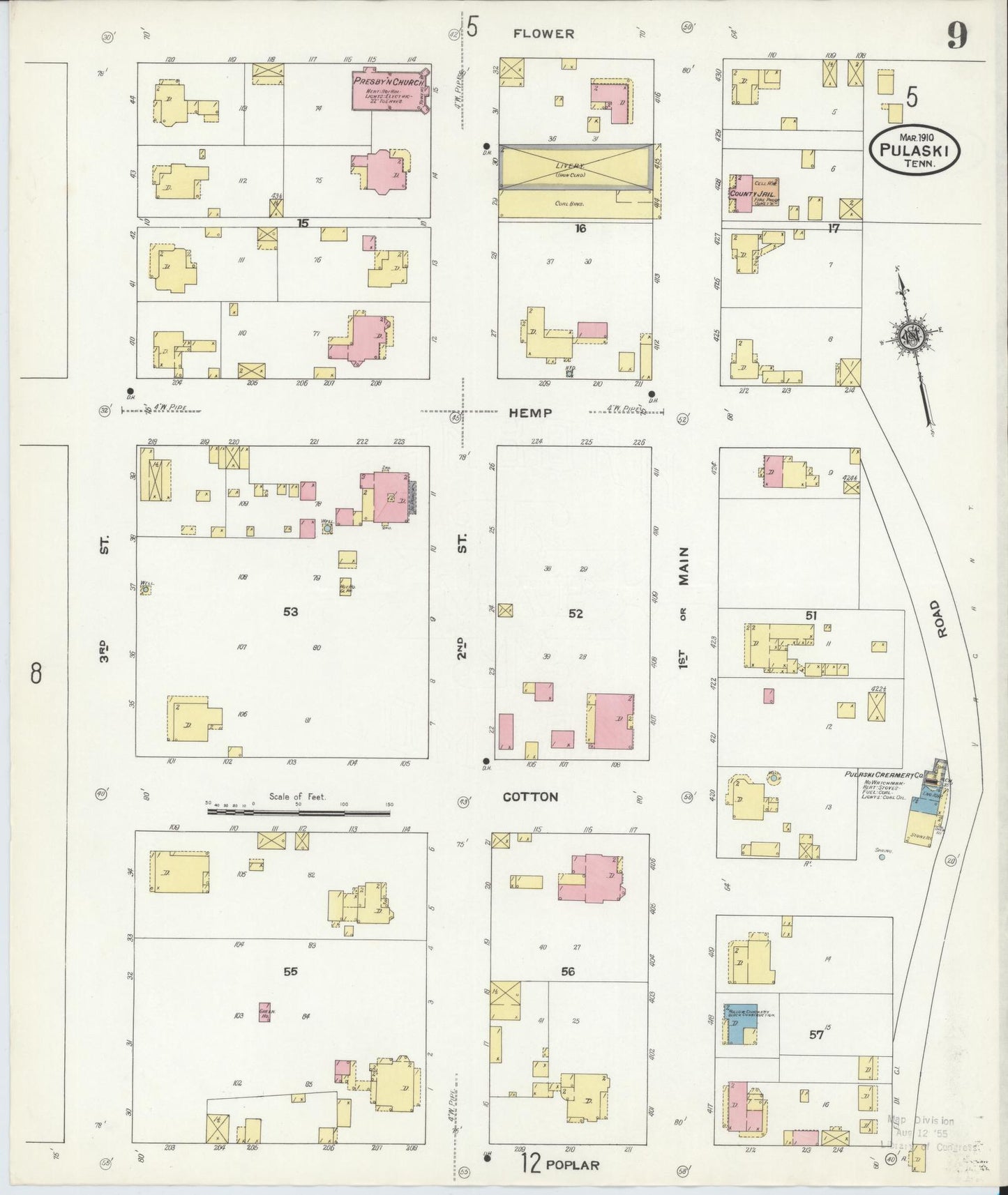 Sanborn Fire Insurance Map from Pulaski, Giles County, Tennessee (1910), Sheet #0009 - Complete Map Set gallery image, historic Sanborn map, vintage wall art, Tennessee Tennessee