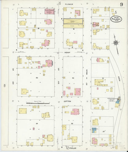 Sanborn Fire Insurance Map from Pulaski, Giles County, Tennessee (1910), Sheet #0009 - Complete Map Set gallery image, historic Sanborn map, vintage wall art, Tennessee Tennessee