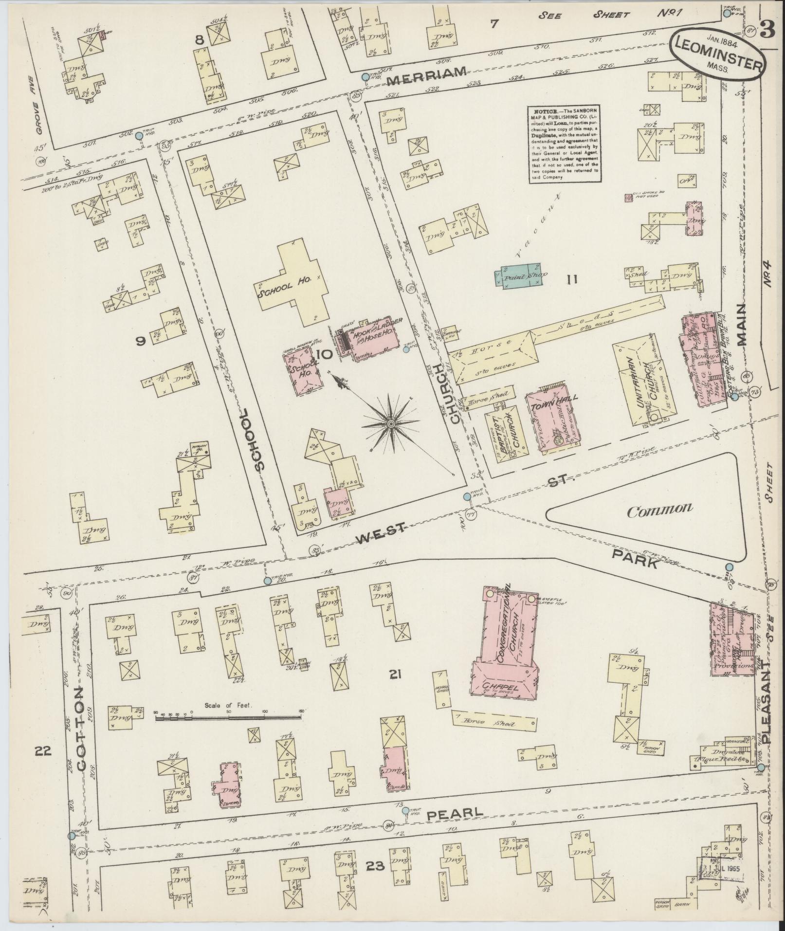 Sanborn Fire Insurance Map from Leominster, Worcester County, Massachusetts (1884), Sheet #0003 - Historic Sanborn Fire Insurance Map Print, vintage old map wall art, antique decor, genealogy gift, Massachusetts Massachusetts map