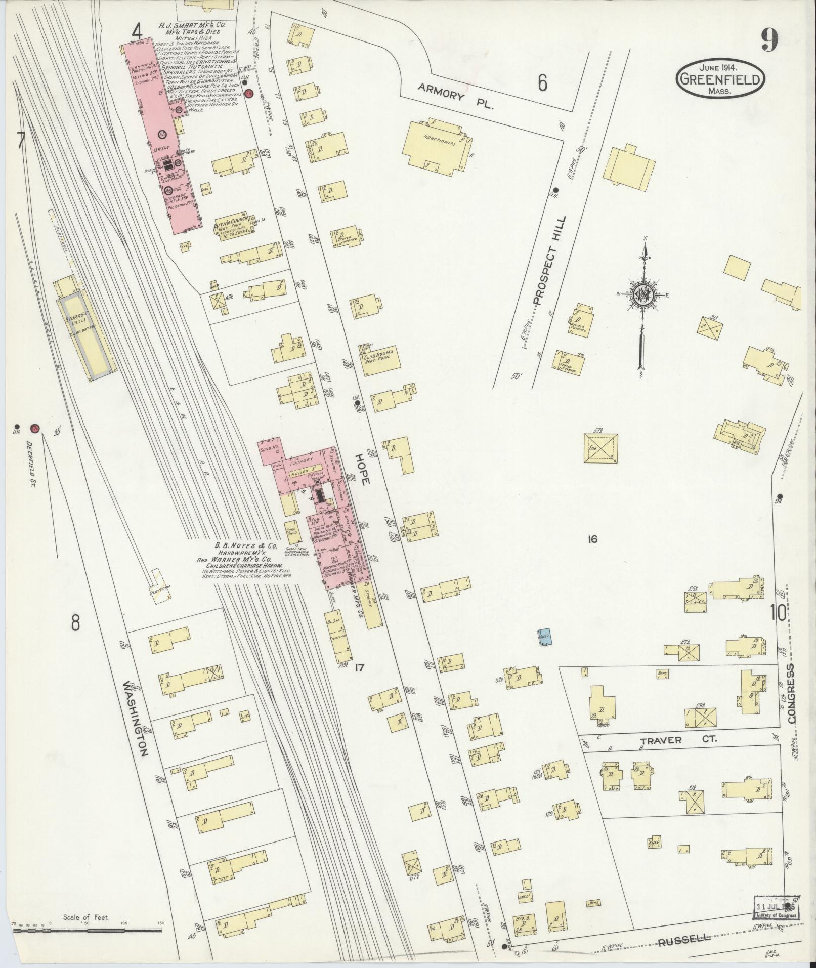 Sanborn Fire Insurance Map from Greenfield, Franklin County, Massachusetts (1914), Sheet #0009 - Historic Sanborn Fire Insurance Map Print, vintage old map wall art, antique decor, genealogy gift, Massachusetts Massachusetts map