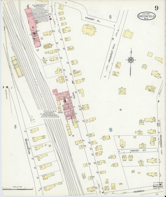 Sanborn Fire Insurance Map from Greenfield, Franklin County, Massachusetts (1914), Sheet #0009 - Historic Sanborn Fire Insurance Map Print, vintage old map wall art, antique decor, genealogy gift, Massachusetts Massachusetts map