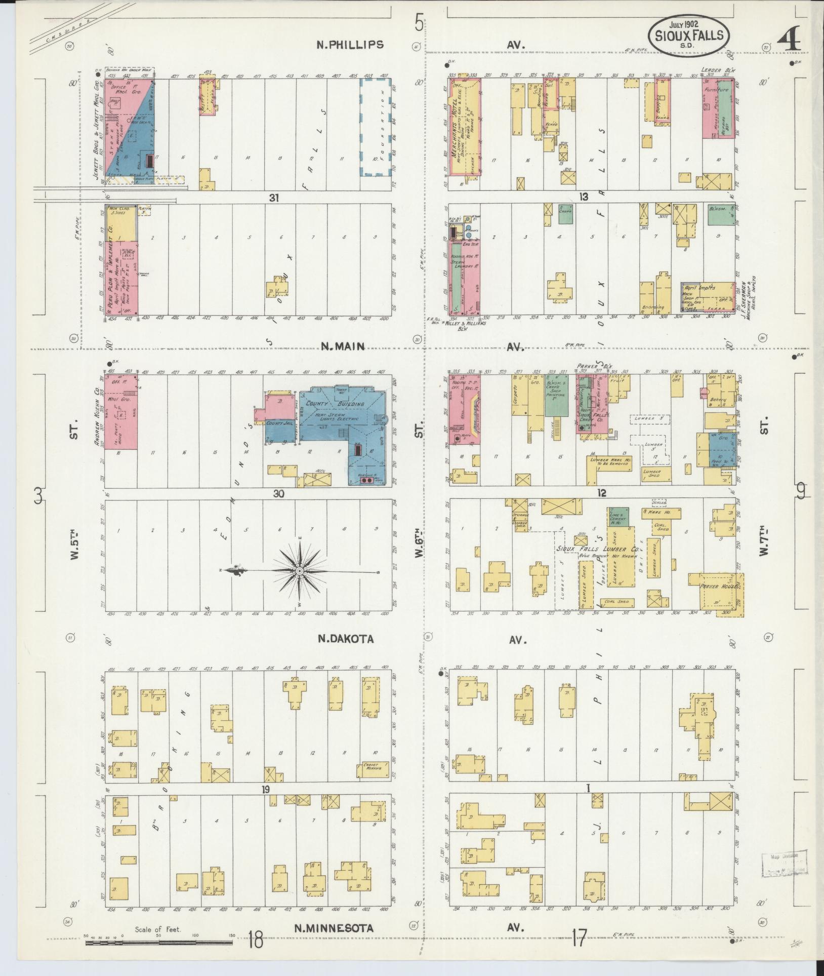 Sanborn Fire Insurance Map from Sioux Falls, Minnehaha County, South Dakota (1902), Sheet #0004 - Historic Sanborn Fire Insurance Map Print, vintage old map wall art, antique decor, genealogy gift, South Dakota South Dakota map