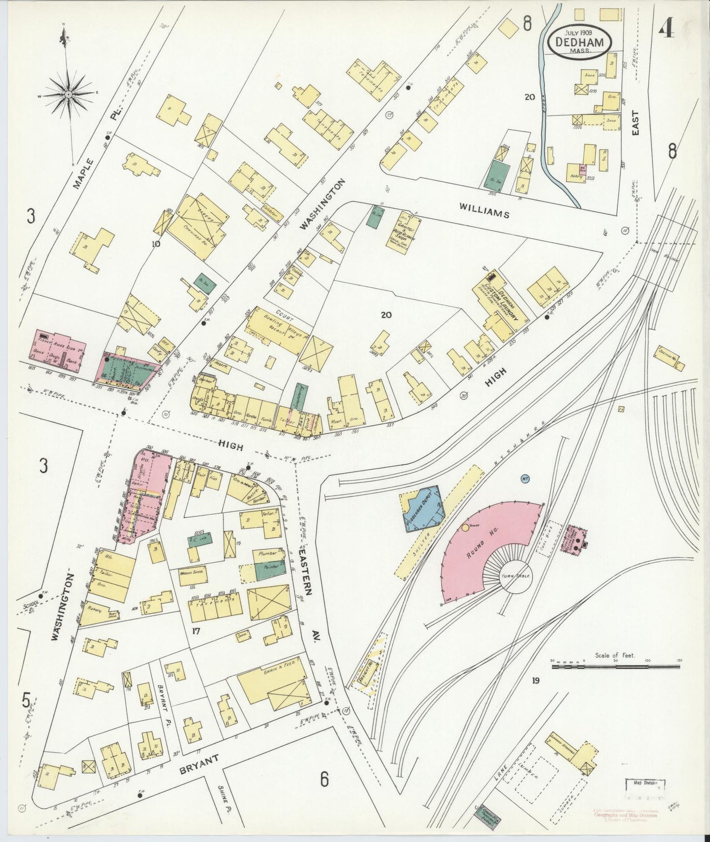Sanborn Fire Insurance Map from Dedham, Norfolk County, Massachusetts (1909), Sheet #0004 - Historic Sanborn Fire Insurance Map Print, vintage old map wall art, antique decor, genealogy gift, Massachusetts Massachusetts map
