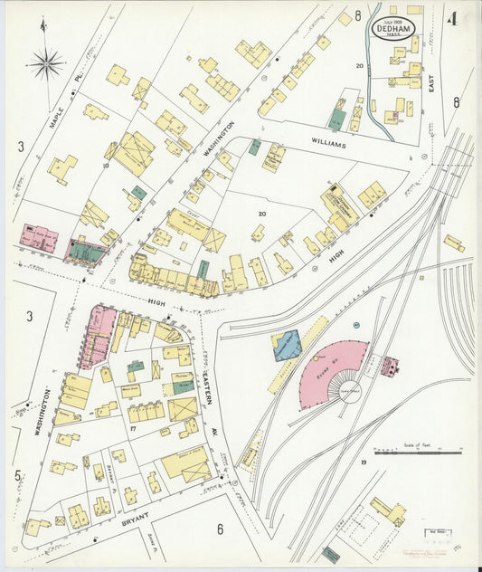 Sanborn Fire Insurance Map from Dedham, Norfolk County, Massachusetts (1909), Sheet #0004 - Historic Sanborn Fire Insurance Map Print, vintage old map wall art, antique decor, genealogy gift, Massachusetts Massachusetts map