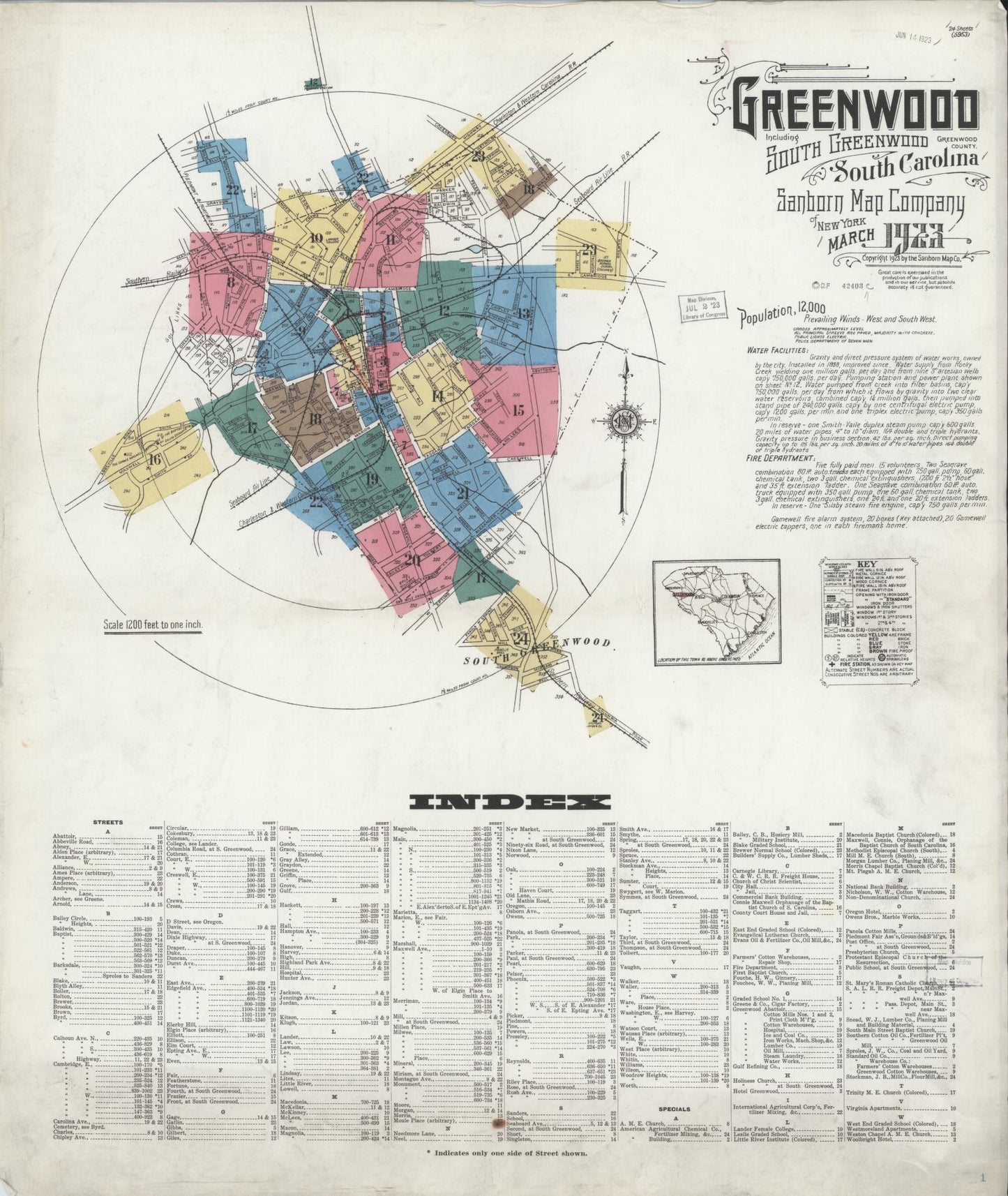 Sanborn Fire Insurance Map from Greenwood, Greenwood County, South Carolina (1923), Sheet #0001 - Complete Map Set gallery image, historic Sanborn map, vintage wall art, South Carolina South Carolina