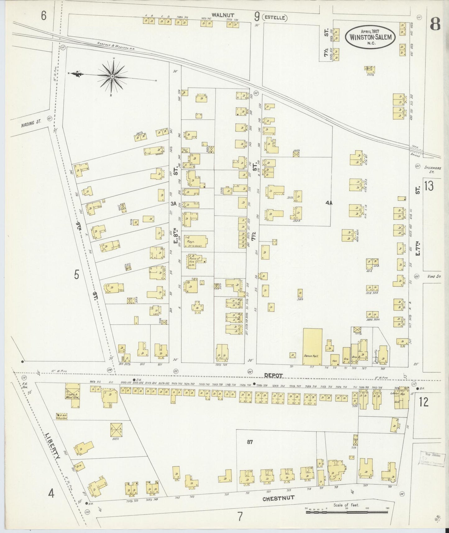 Sanborn Fire Insurance Map from Winston-Salem, Forsyth County, North Carolina (1907), Sheet #0008 - Complete Map Set gallery image, historic Sanborn map, vintage wall art, North Carolina North Carolina