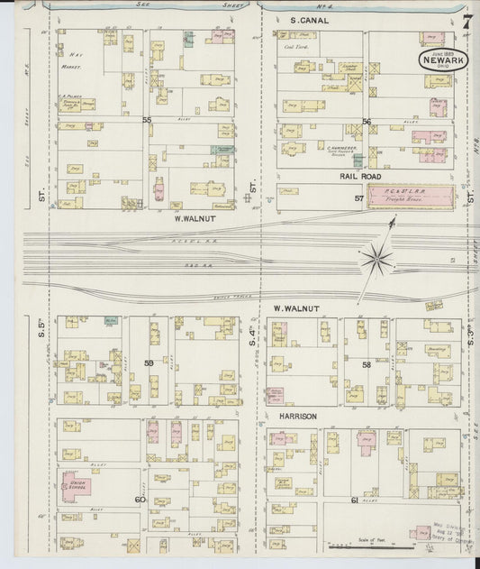 Sanborn Fire Insurance Map from Newark, Licking County, Ohio (1889), Sheet #0007 - Historic Sanborn Fire Insurance Map Print, vintage old map wall art, antique decor, genealogy gift, Ohio Ohio map
