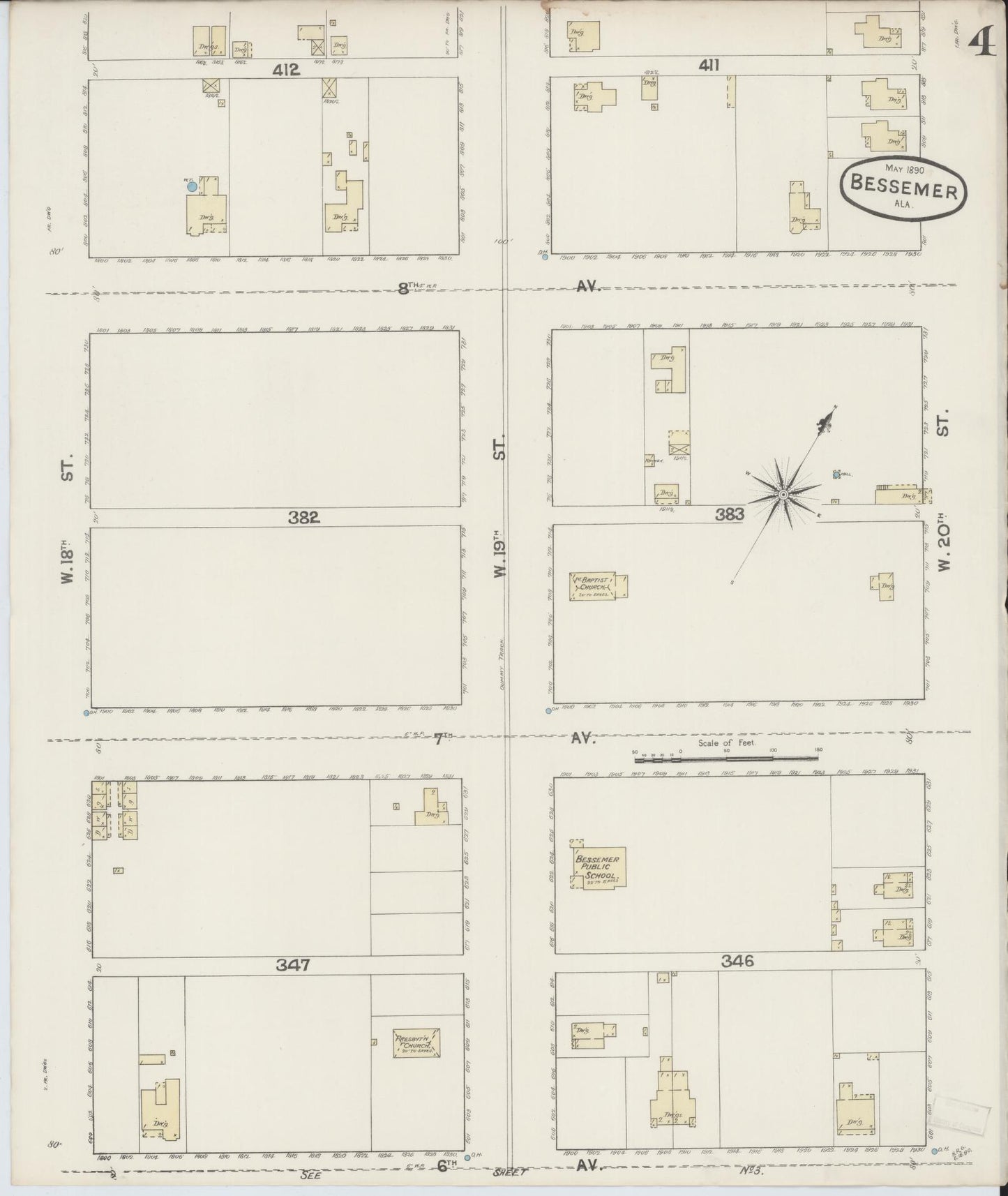 Sanborn Fire Insurance Map from Bessemer, Jefferson County, Alabama (1890), Sheet #0004 - Complete Map Set gallery image, historic Sanborn map, vintage wall art, Alabama Alabama