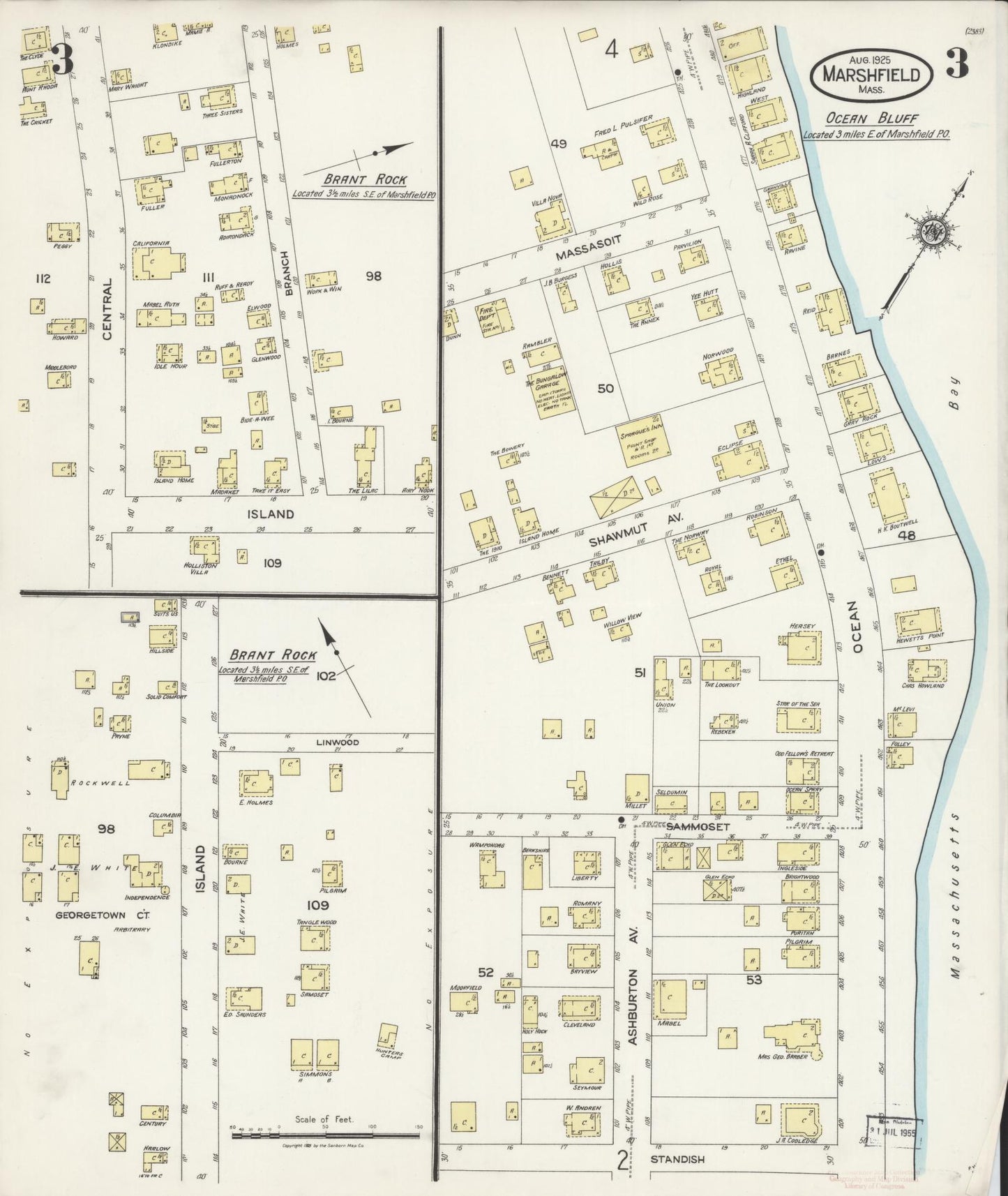 Sanborn Fire Insurance Map from Marshfield, Plymouth County, Massachusetts (1925), Sheet #0003 - Complete Map Set gallery image, historic Sanborn map, vintage wall art, Massachusetts Massachusetts