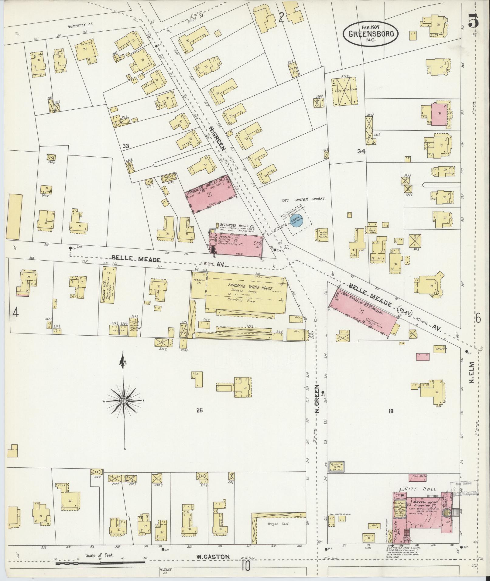 Sanborn Fire Insurance Map from Greensboro, Guilford County, North Carolina (1907), Sheet #0005 - Complete Map Set gallery image, historic Sanborn map, vintage wall art, North Carolina North Carolina