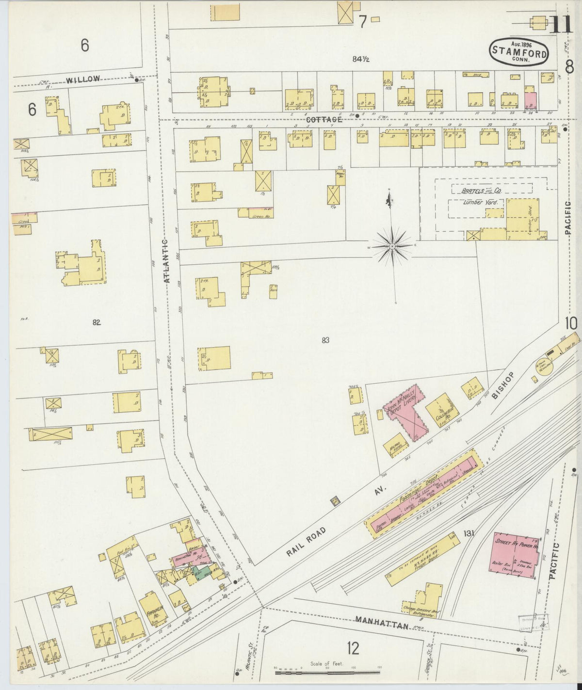 Sanborn Fire Insurance Map from Stamford, Fairfield County, Connecticut (1896), Sheet #0011 - Historic Sanborn Fire Insurance Map Print, vintage old map wall art, antique decor, genealogy gift, Connecticut Connecticut map