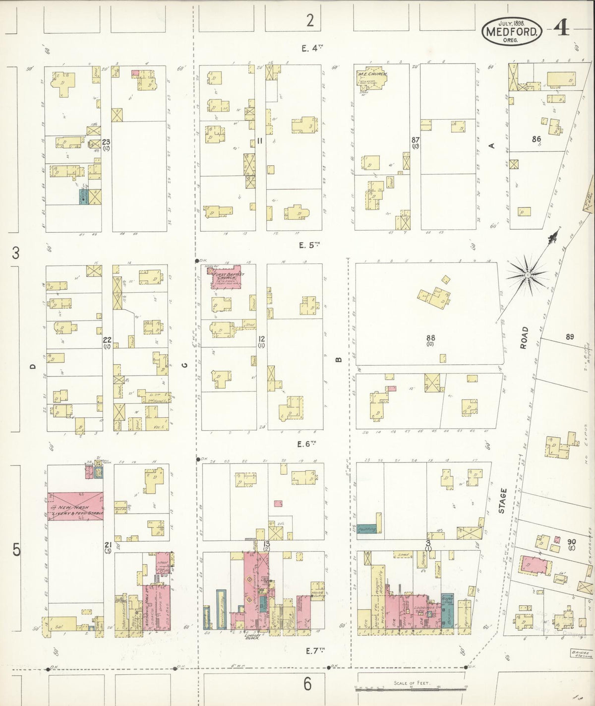 Sanborn Fire Insurance Map from Medford, Jackson County, Oregon (1898), Sheet #0004 - Historic Sanborn Fire Insurance Map Print, vintage old map wall art, antique decor, genealogy gift, Oregon Oregon map
