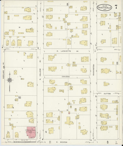 Sanborn Fire Insurance Map from Fayetteville, Washington County, Arkansas (1913), Sheet #0007 - Complete Map Set gallery image, historic Sanborn map, vintage wall art, Arkansas Arkansas