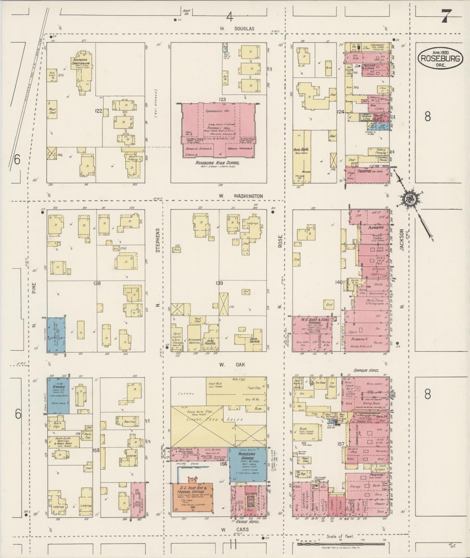 Sanborn Fire Insurance Map from Roseburg, Douglas County, Oregon (1920), Sheet #0007 - Complete Map Set gallery image, historic Sanborn map, vintage wall art, Oregon Oregon