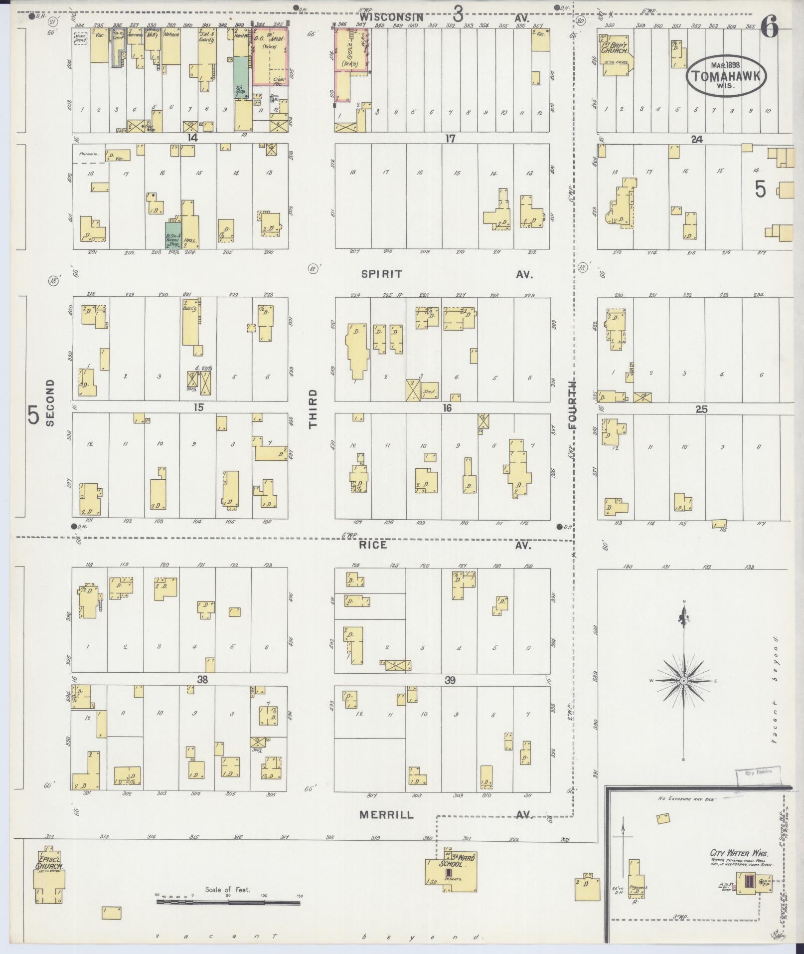 Sanborn Fire Insurance Map from Tomahawk, Lincoln County, Wisconsin (1898), Sheet #0006 - Historic Sanborn Fire Insurance Map Print, vintage old map wall art, antique decor, genealogy gift, Wisconsin Wisconsin map