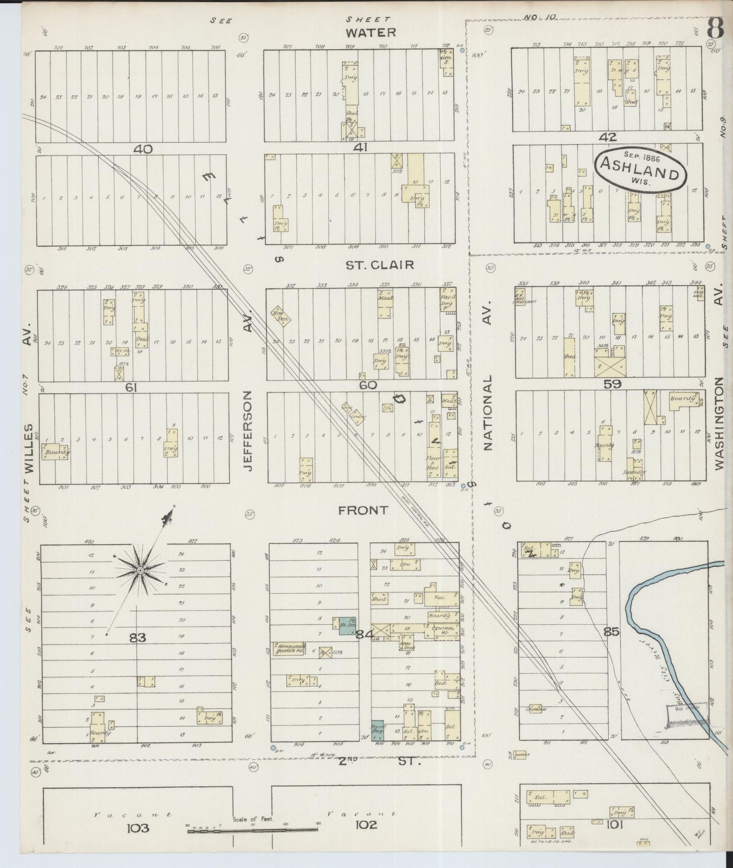 Sanborn Fire Insurance Map from Ashland, Ashland County, Wisconsin (1886), Sheet #0008 - Complete Map Set gallery image, historic Sanborn map, vintage wall art, Wisconsin Wisconsin